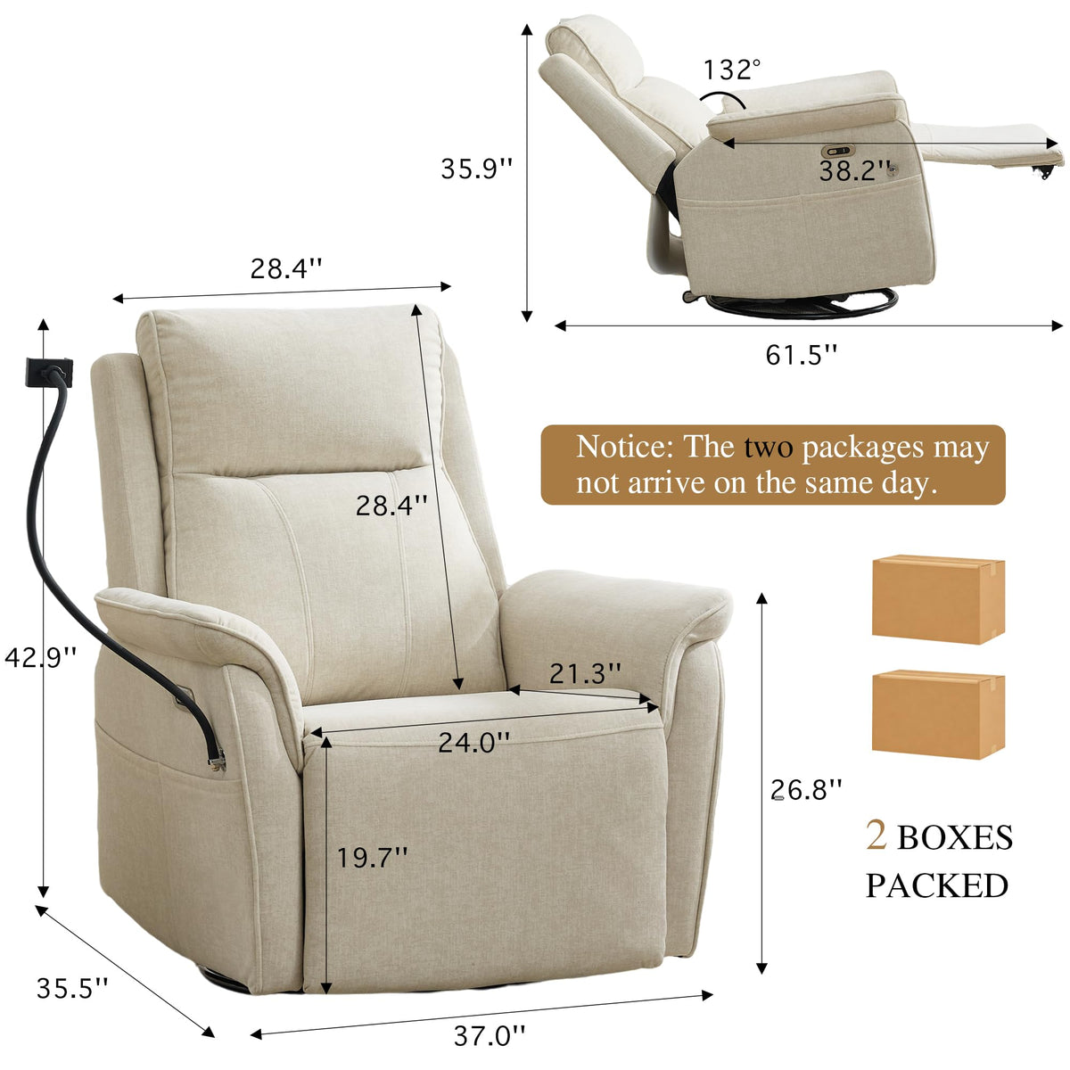 ParlorDream Power Recliner Chair with Phone Holder, Scratch Resistant Swivel Nursery Glider Rocker, USB Type-C Electric Reclining Chair with Wide Seat, Living Room & Bedroom, Beige