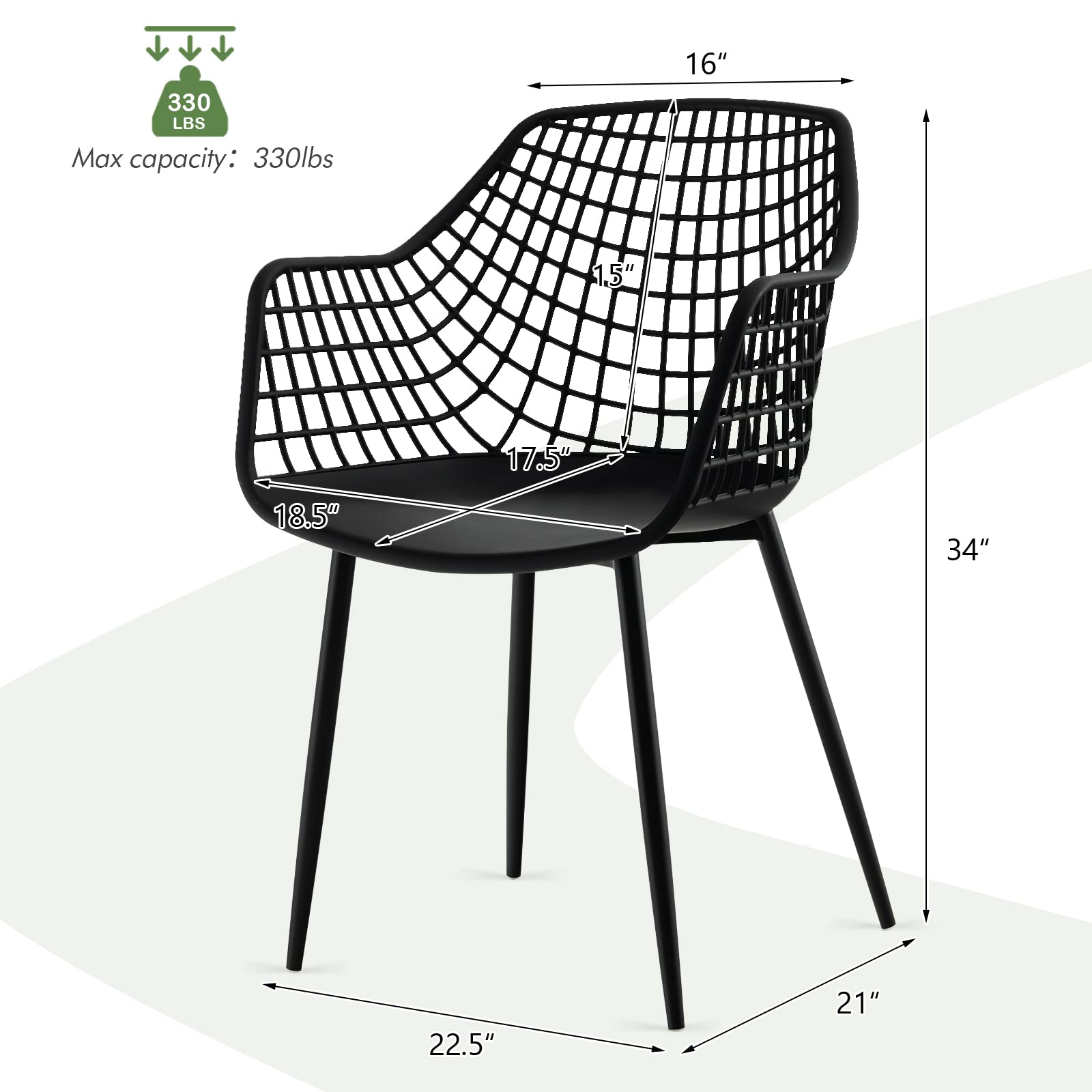 Giantex Modern Dining Chairs Set of 4 - Black Arm Chair with 15" High Backrest, Powder-Coated Metal Legs, Anti-Slip Foot Pads, Max Load 265 lbs, Kitchen Dining Room