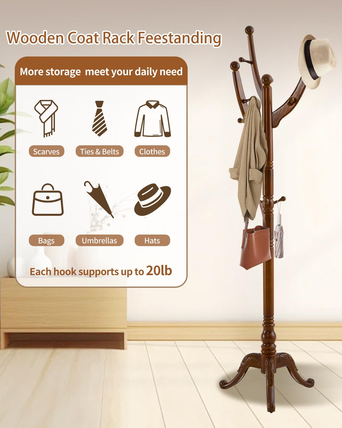 ZIECUKU Coat Rack Freestanding,Solid Wood Coat Hall Tree with 13 Hooks