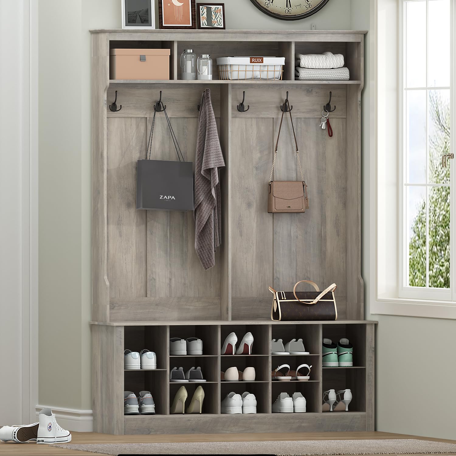 4-in-1 Farmhouse Hall Tree with Bench, 12 Shoe Cubbies & 6 Hooks