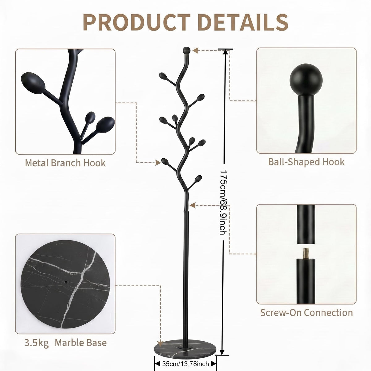 9-Hook Marble Base Coat Rack