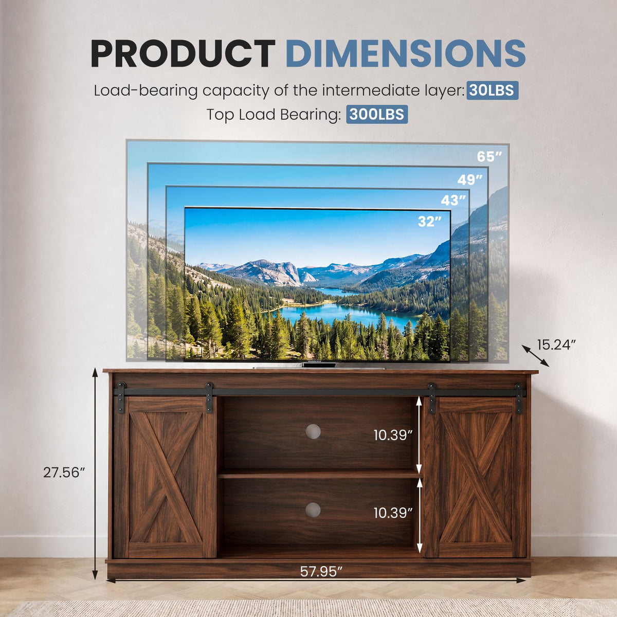 DUMOS Farmhouse TV Stand for Up to 65 Inch TVs, Entertainment Center for Living Room & Bedroom, TV Console Table with Sliding Barn Door, Storage, Holds up to 300 lbs, Rust