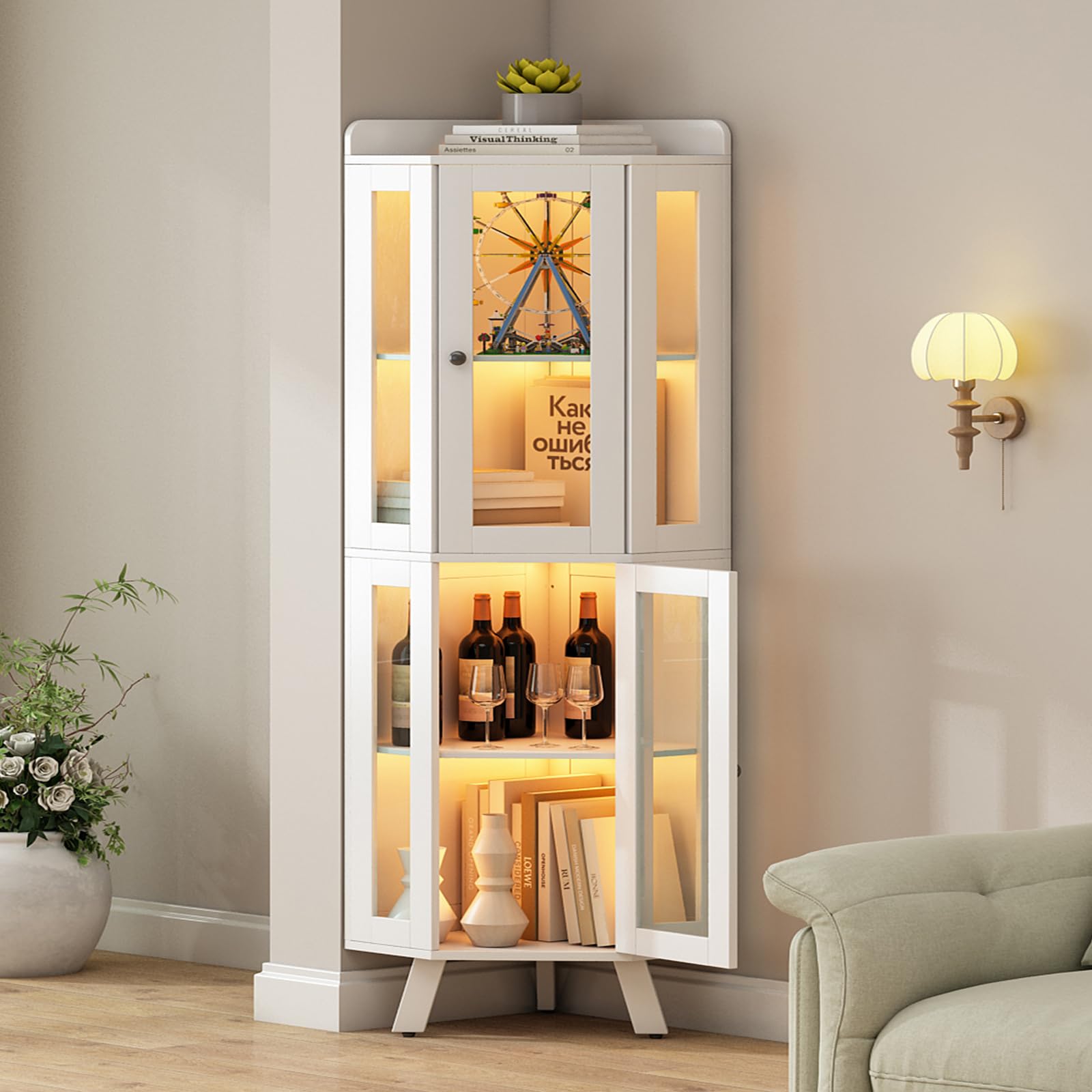 Corner Display Cabinet with Glass Doors, 4-Tier, 60"H