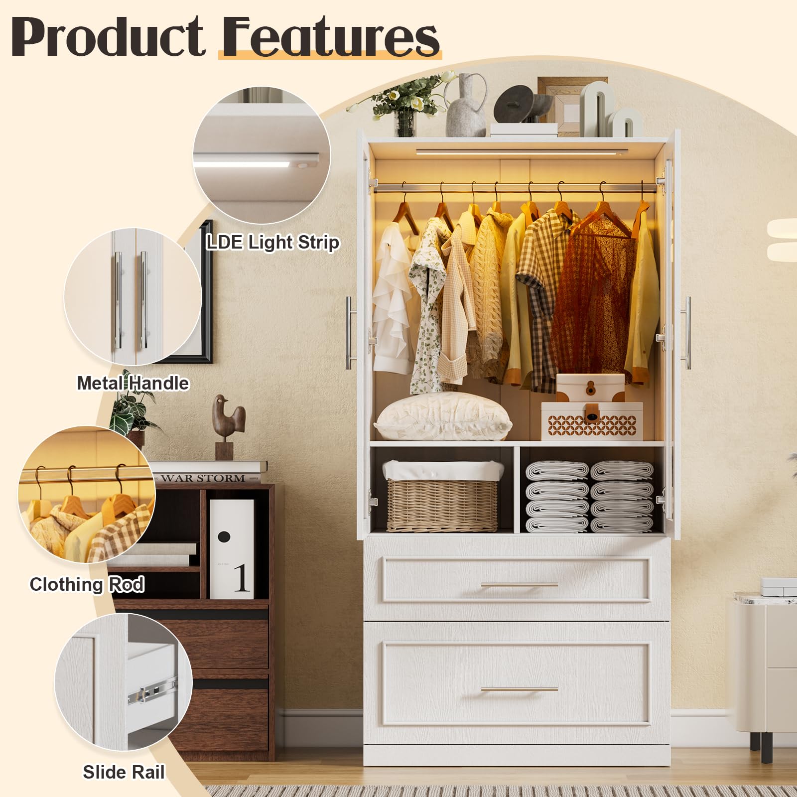 Armoire Wardrobe Closet with LED Light, Drawers & Hanging Rod