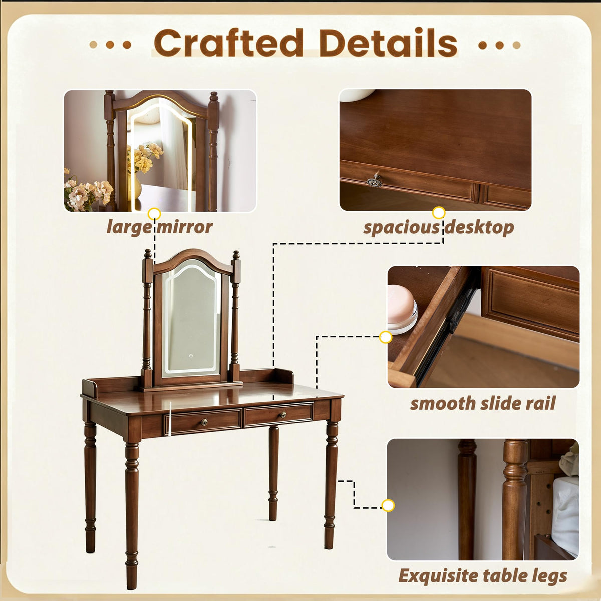 SUSVQLXG 43.7"×22“ Makeup Vanity Desk with 2 Drawers and Smart LED Mirror,Antique Small Vanity Table for Bedroom with Touch-Dimmable and Adjustable-Height Mirror