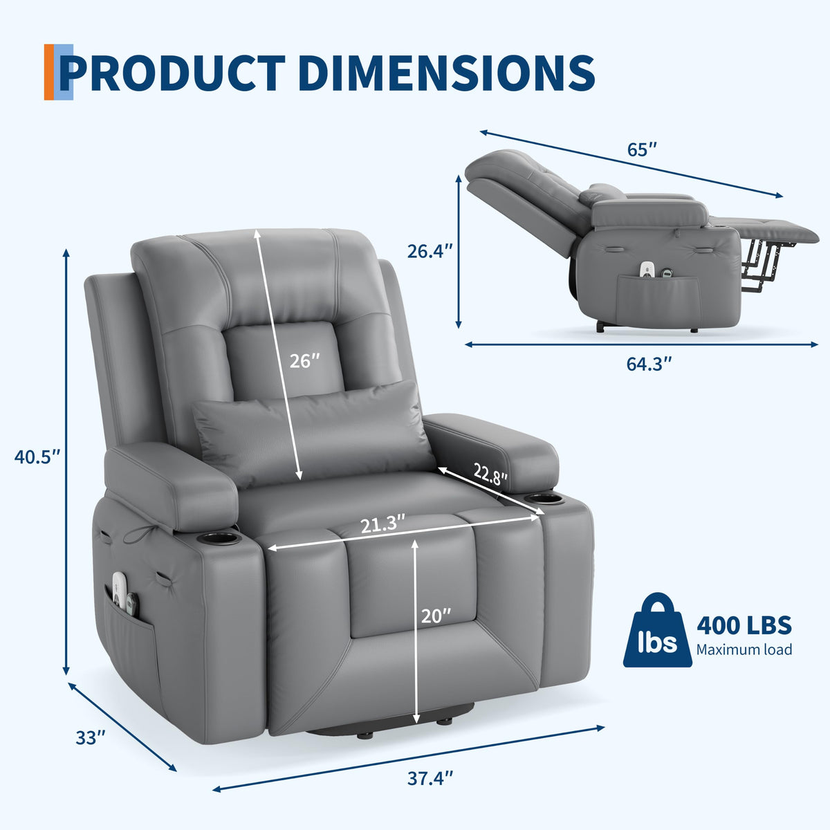 SLEKVERSA Power Lift Recliner Chair for Elderly, Heat and Massage Supports Standing and Reclining Positions, a 135-Degree Angle, 8-Point Massage, Lumbar Heating, and Foldable Armrests.