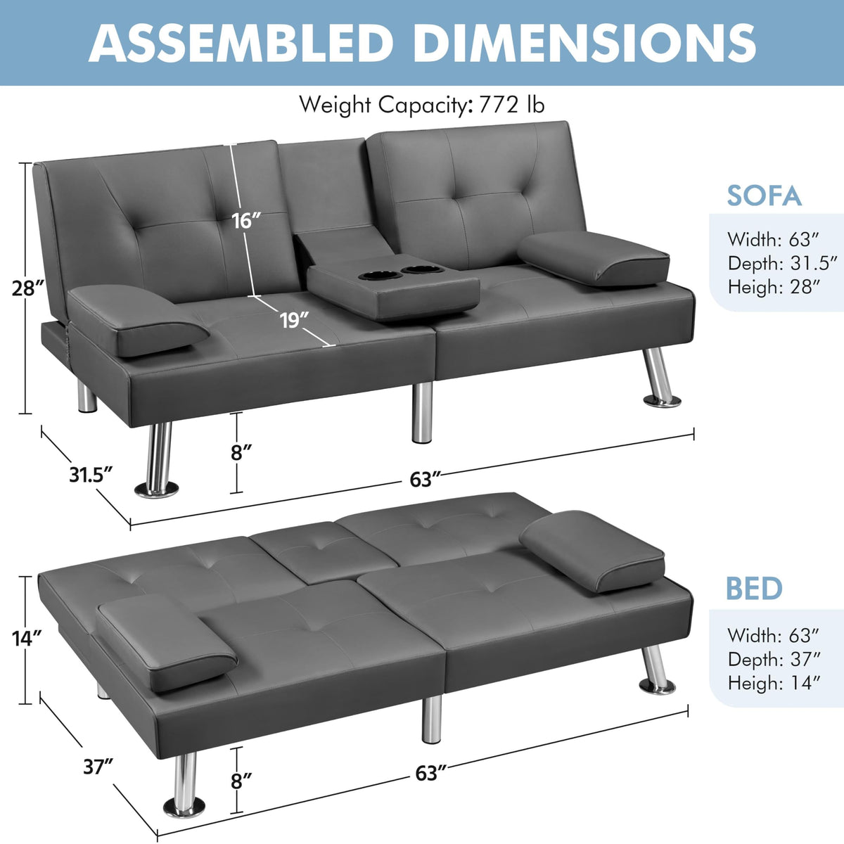 Convertible Futon Sofa Bed with Cup Holders