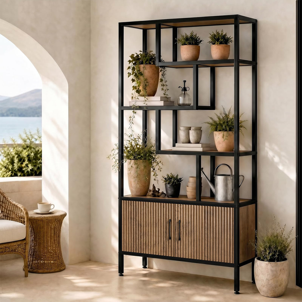 5-Tier Bookshelf with Fluted Cabinet