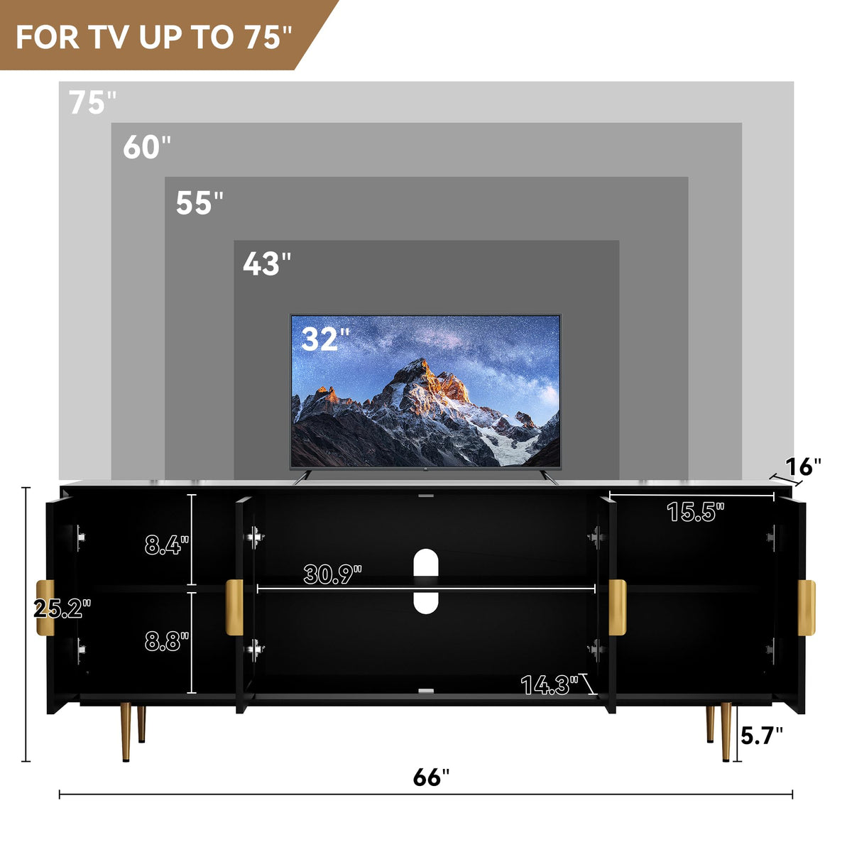 ARTPOWER 66" TV Stand, Entertainment Center with Storage Shelves, Black