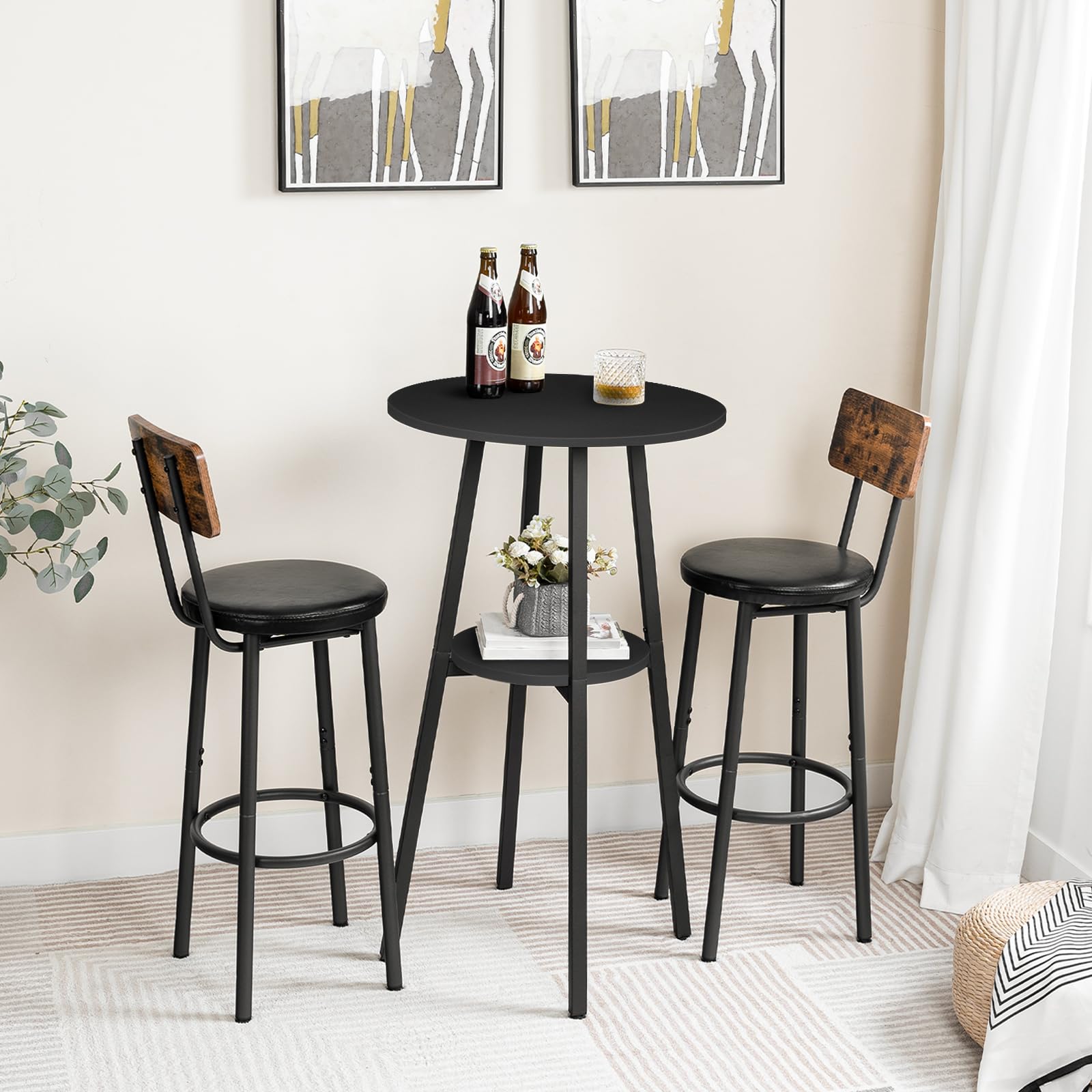 HOOBRO Bar Table, Round Pub Table, 2-Tier Bistro Table with Storage, 37.4" High for Small Spaces, with Top Particleboard for Kitchen, Easy to Assemble, Black BB55BT01