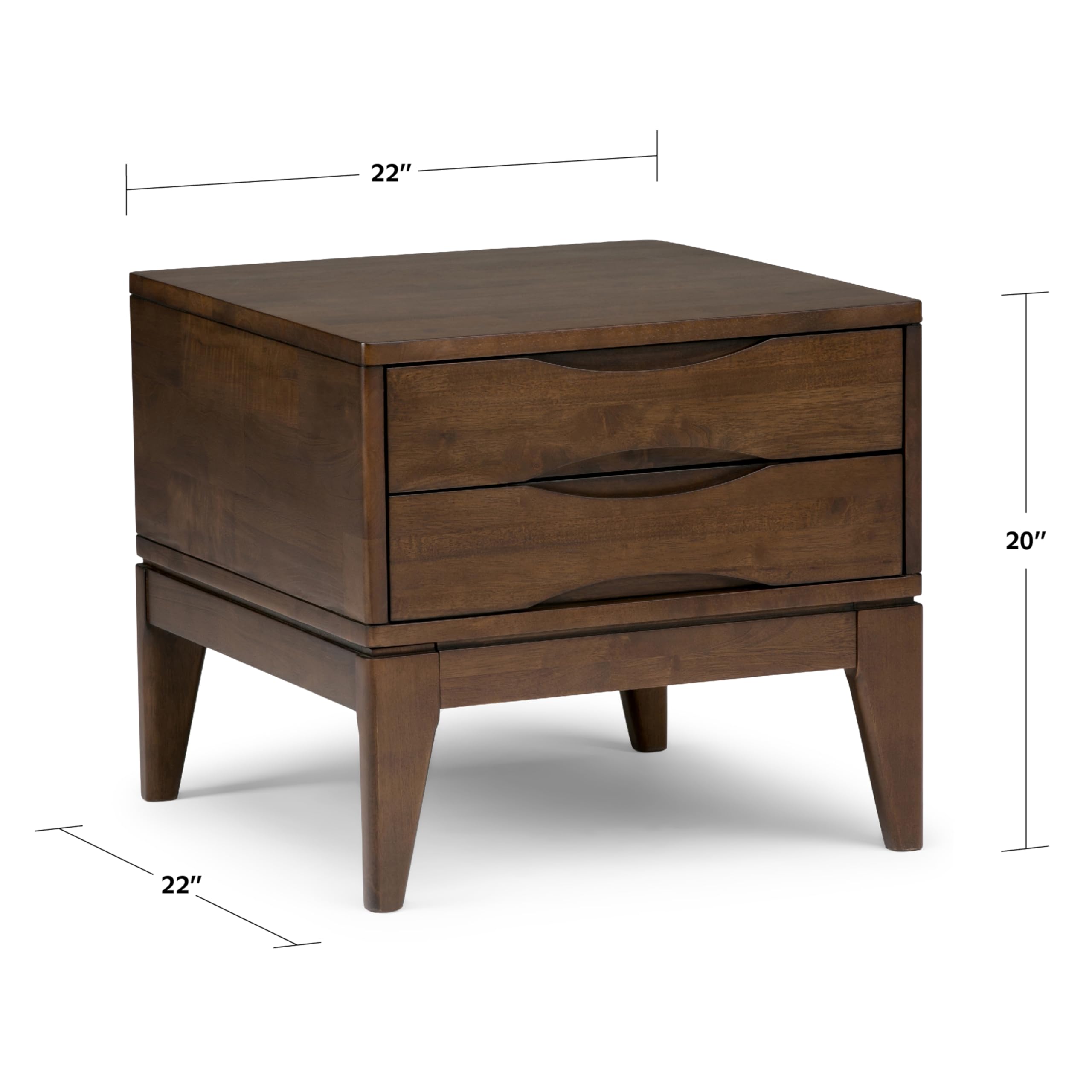SIMPLIHOME Harper End Table - 22 inch Wide Solid Wood 2 Drawer Side Table in Walnut Brown, Mid Century Modern Accent Table for Living Room with Tapered Legs and Notched Handles