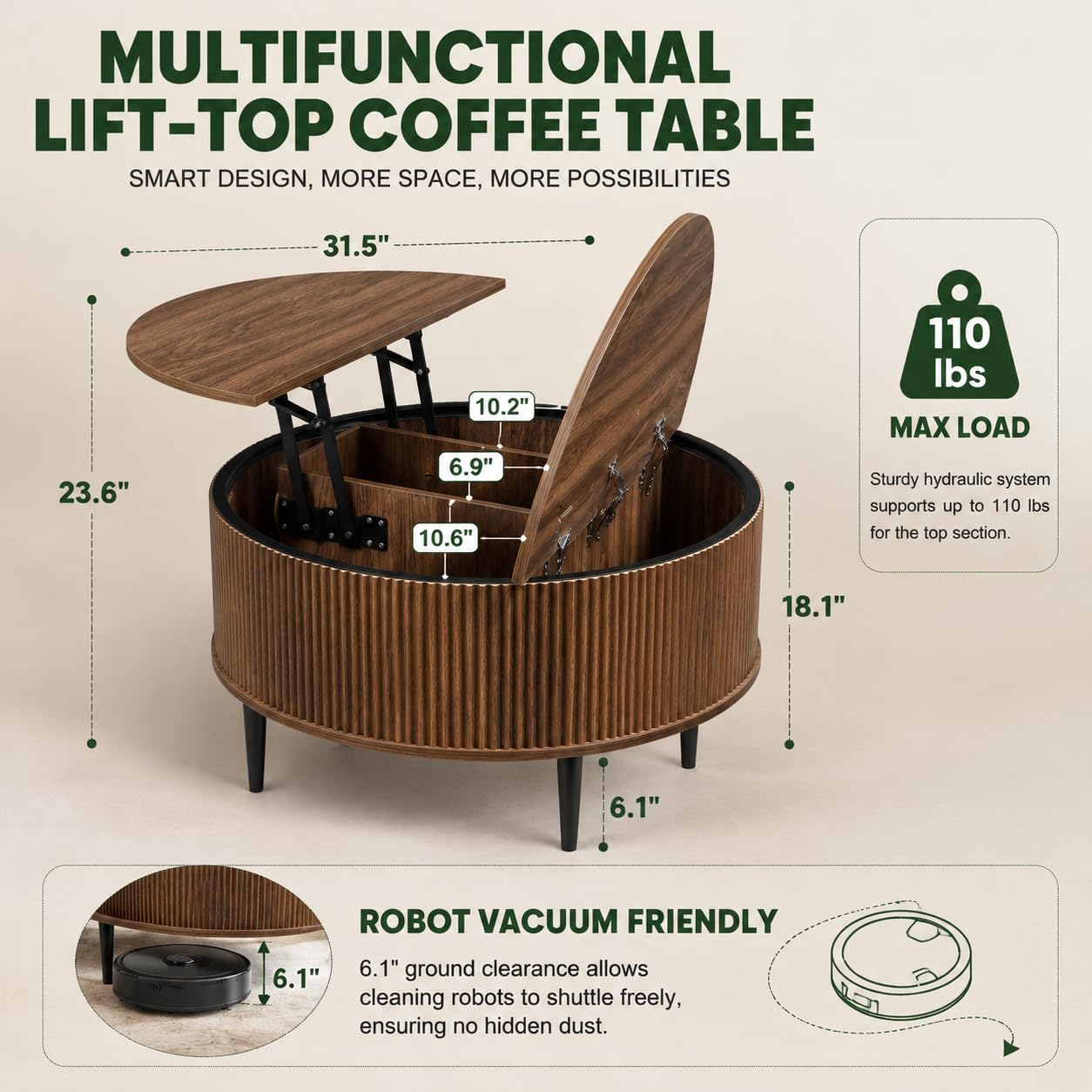 Yechen 31.5" Round Coffee Table with Storage,Fluted Lift Top Center Table, Midcentury Modern Flip-top Curved Table for Living Room,Walnut