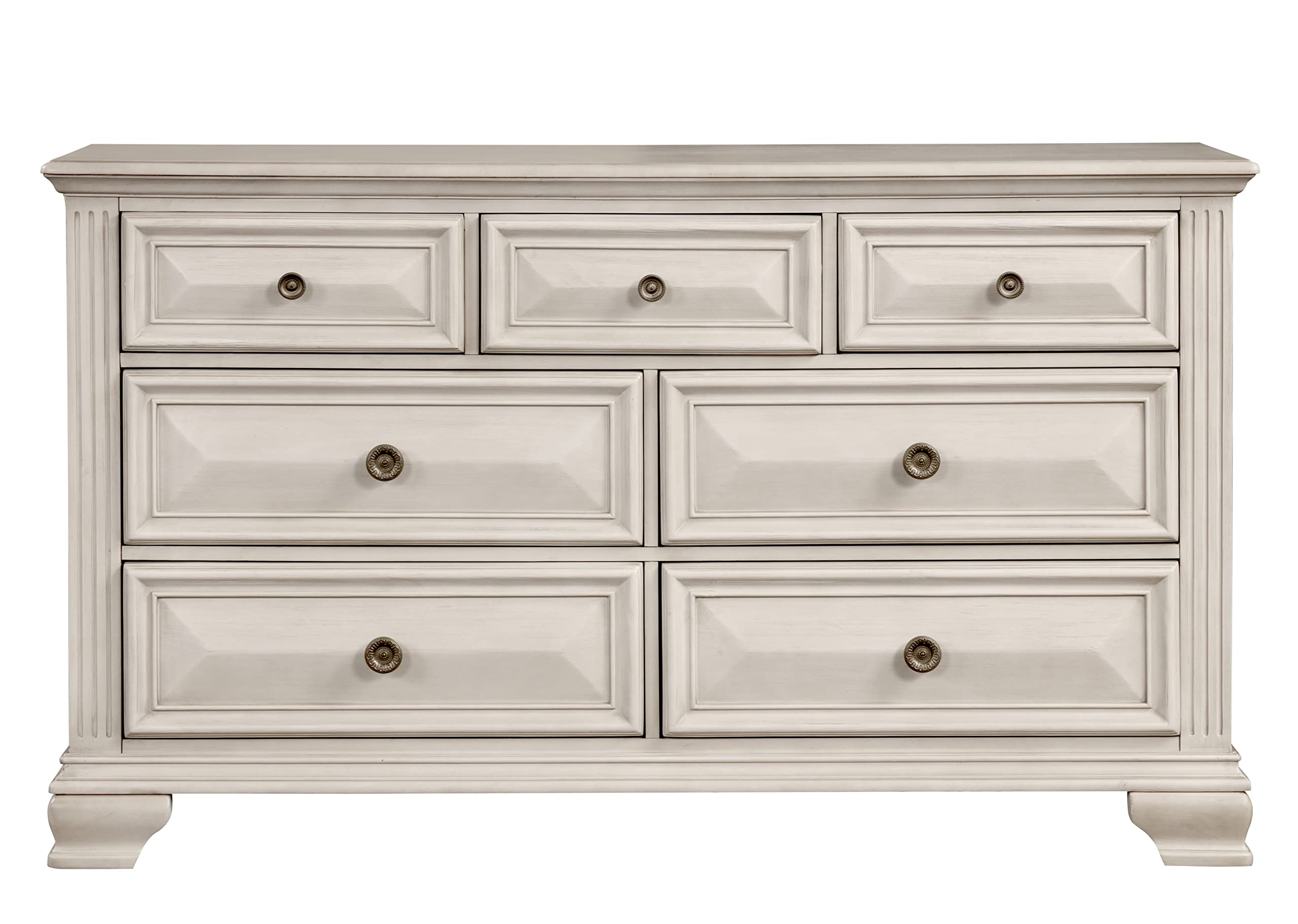 Roundhill Furniture Renova Distressed Parchment Wood Bedroom Set, Queen Panel Bed, Dresser, Mirror, Nightstand, Chest