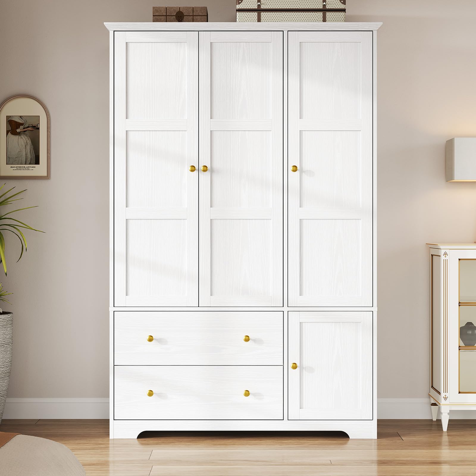 ONBRILL 3 Doors Wooden Wardrobe Closet Armoire with Pull Out Pants Rack, Bedroom Large Capacity Armoire with Drawers and Shelves, Storage Cabinet for Hanging Clothes, White