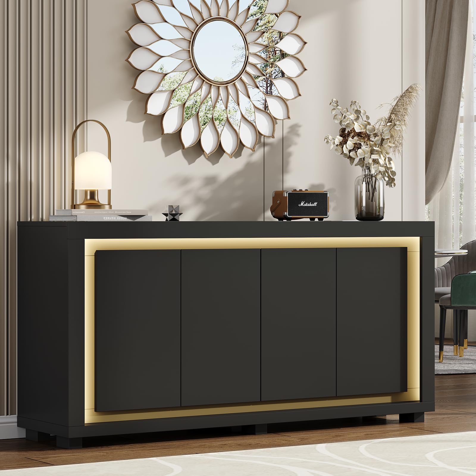 63"Sideboard Buffet Cabinet,Kitchen Buffet Storage Cabinet with Power Outlets & LED Light, Modern Storage Cabinet with 4 Doors,Coffee Bar Console Wine Bar for Living Room,Kitchen,Hallway (Black)