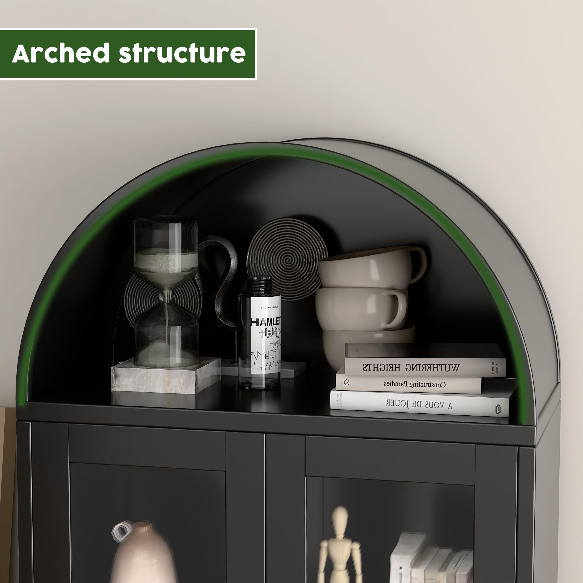 JAORD 73" Black Metal Arched Display Cabinet with Motion Sensor LED Lights, Glass Doors, 2 Adjustable Shelves, Heavy Duty Curio Bookcase for Living Room, Home Office, Assembly Required