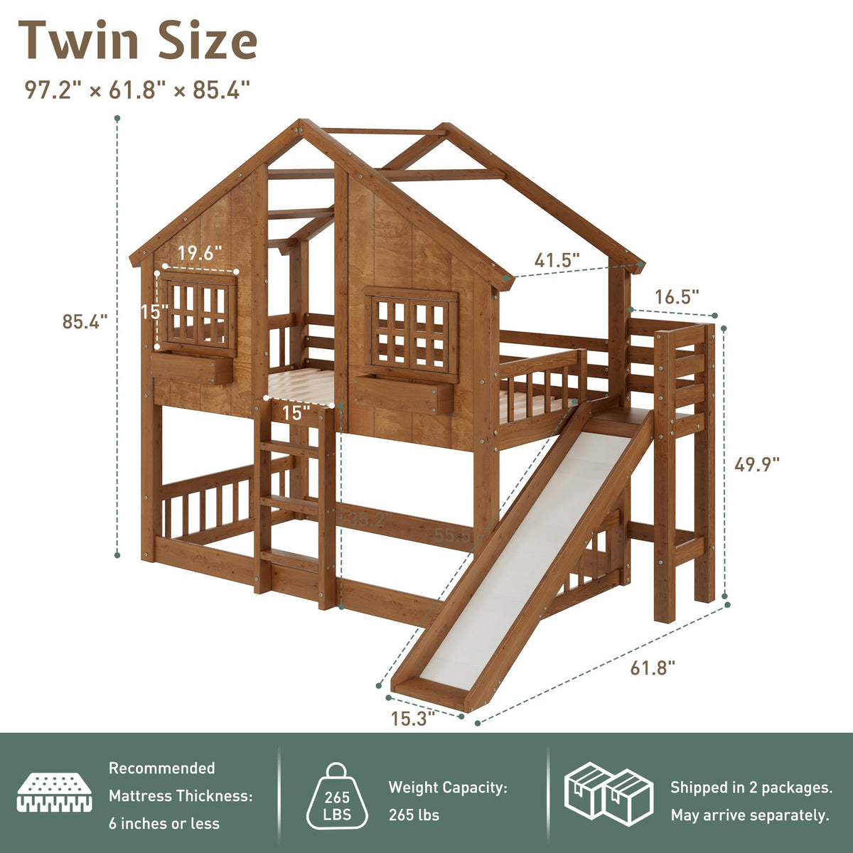 Jocisland Twin Over Twin Bunk Bed with Slide and Ladder, Solid Wood, Oak