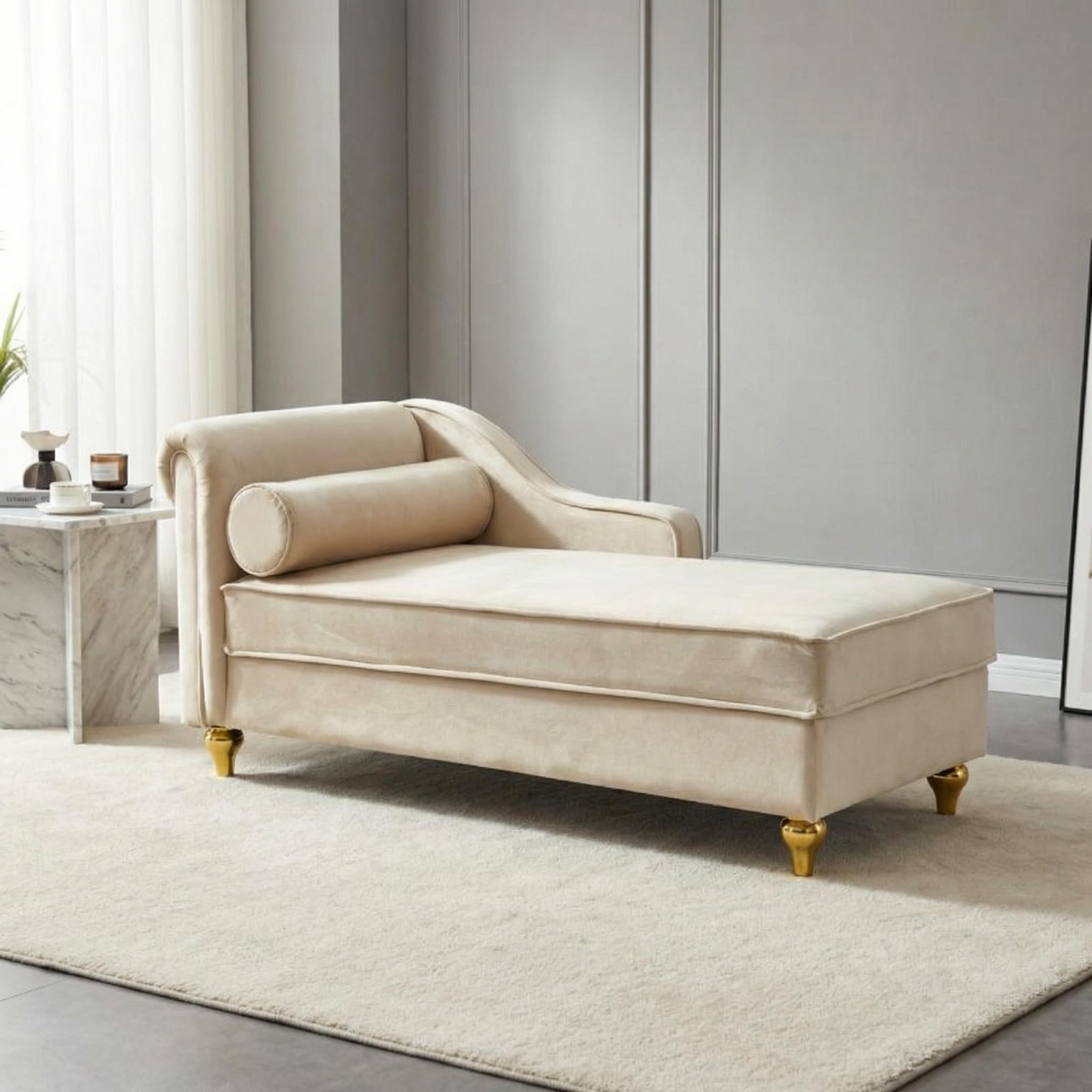 MYEYPEL 60.6''Velvet Chaise Lounge Indoor, Modern Velvet Lounge Chair with Left Armrest & Lumbar Pillow,Button Tufted Lounge Sofa with Storage for Bedroom, Living Room and Office，Beige