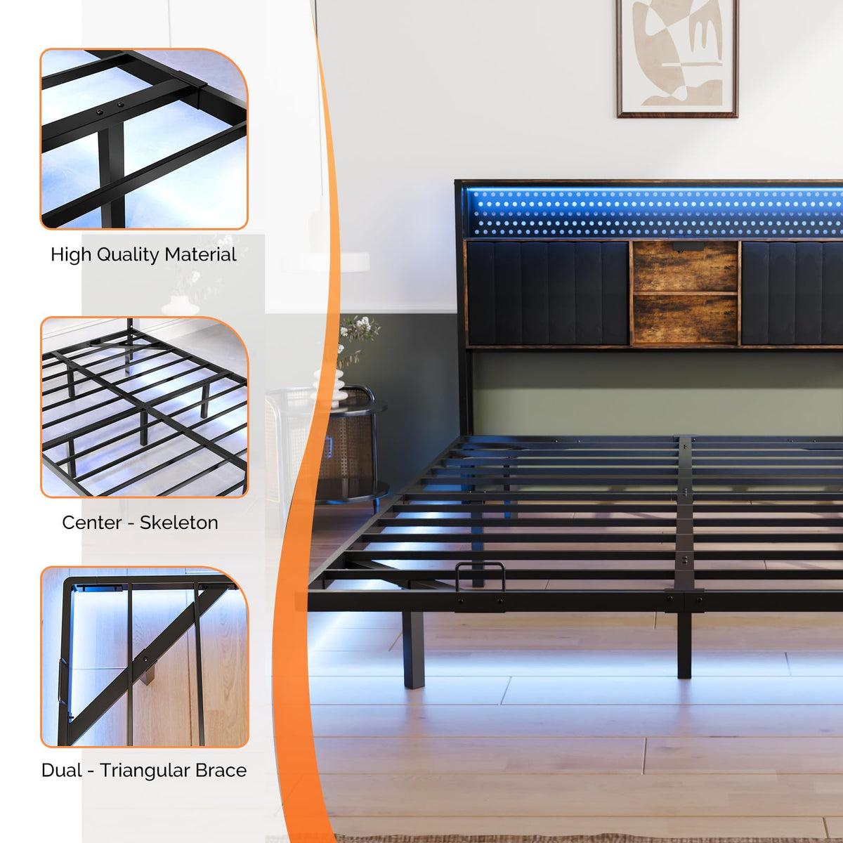 VINGLI King Size Floating Bed Frame with LED Lights and Charging Station, Cozy Hidden Storage Velvet Upholstered Headboard,No Box Spring Needed,Easy Assembly,Black