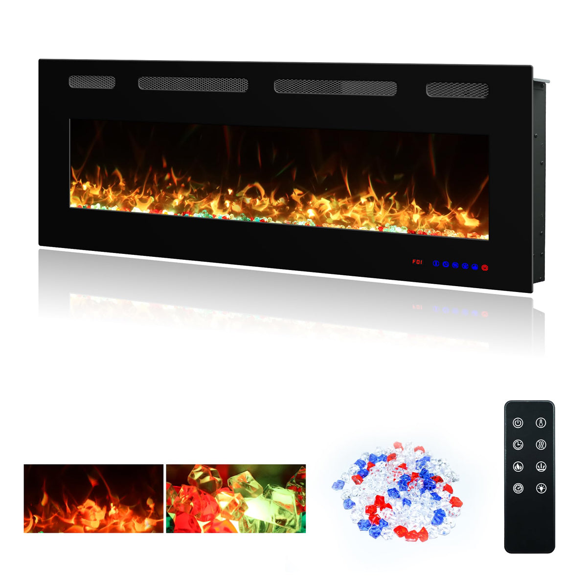 Vinemount 42" Electric Fireplace Insert Ultra-Thin, Recessed & Wall Mounted, Fireplace Heater with Adjustable Flame & Fuel Bed Color, 5 Flame Speeds & Brightness, 750/1500W, Timer