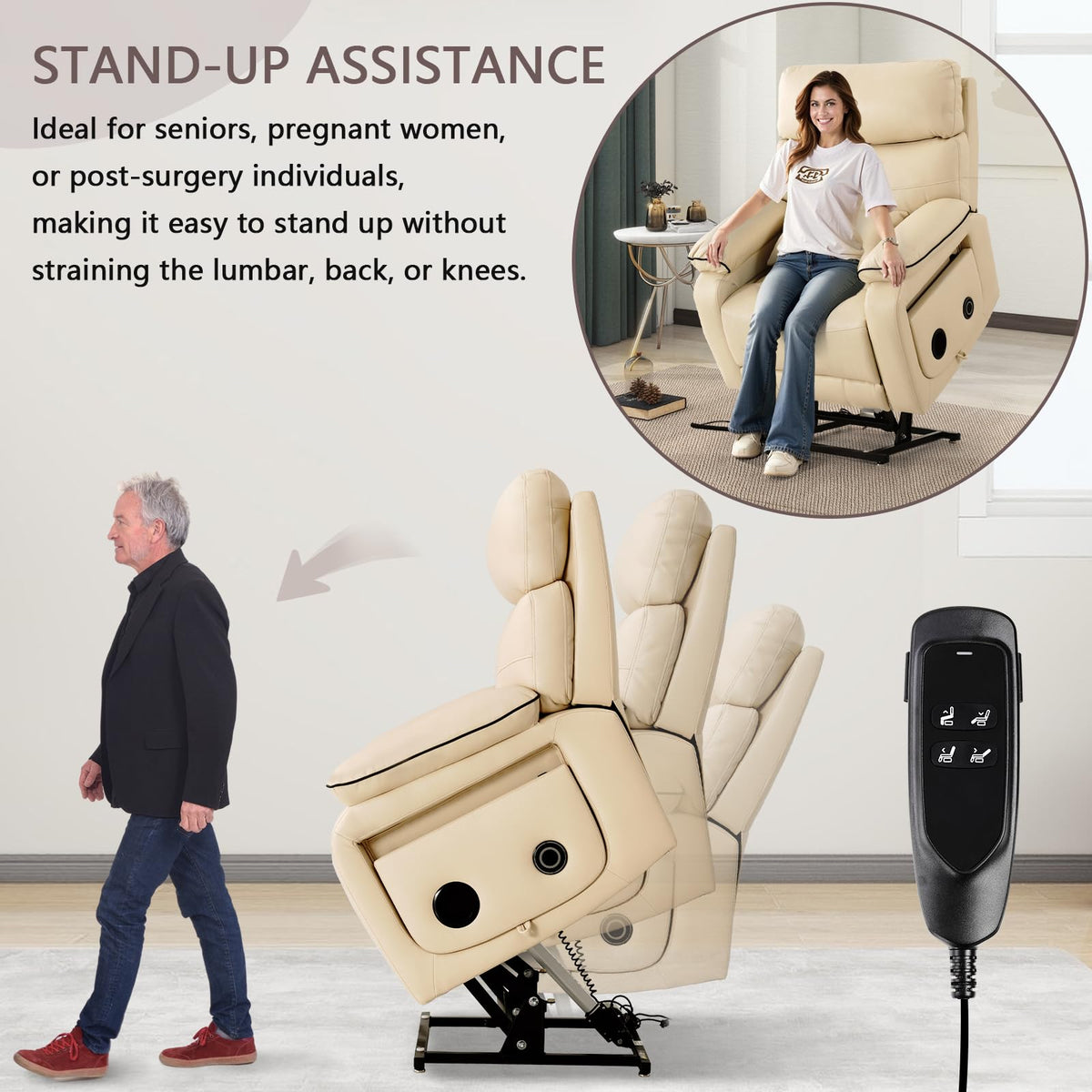 Beige Dual Motor Lift Recliner