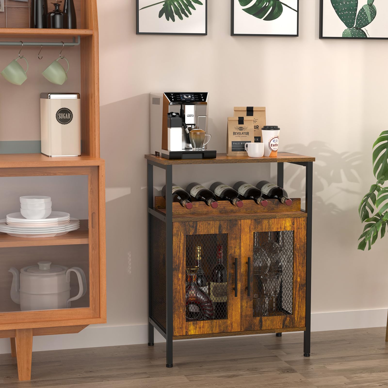 Wine Bar Cabinet with Detachable Wine Rack, Glass Holder & Mesh Door