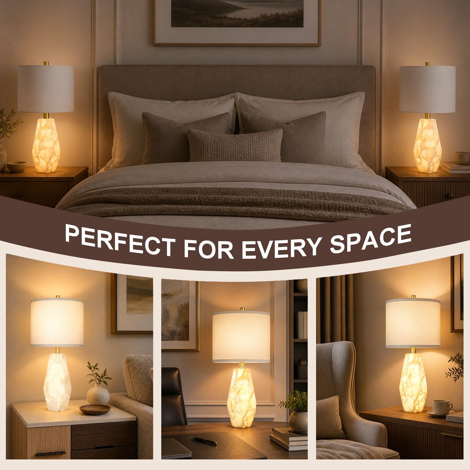 Scenekoy 23" Alabaster Living Room Table Lamp Set of 2 with Night Light, Rotary Switch, Modern Table Lamps with Linen Shade for Bedroom, Living Room, Bedside, Nightstand (Bulb Included)