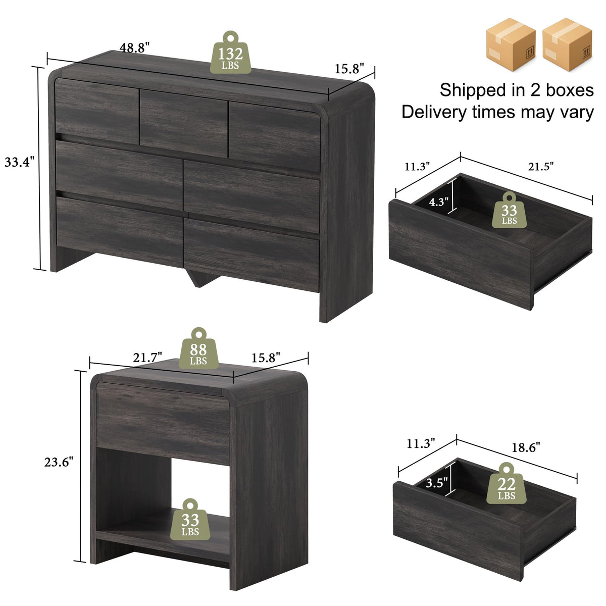 3-Piece Bedroom Set with 7-Drawer Dresser