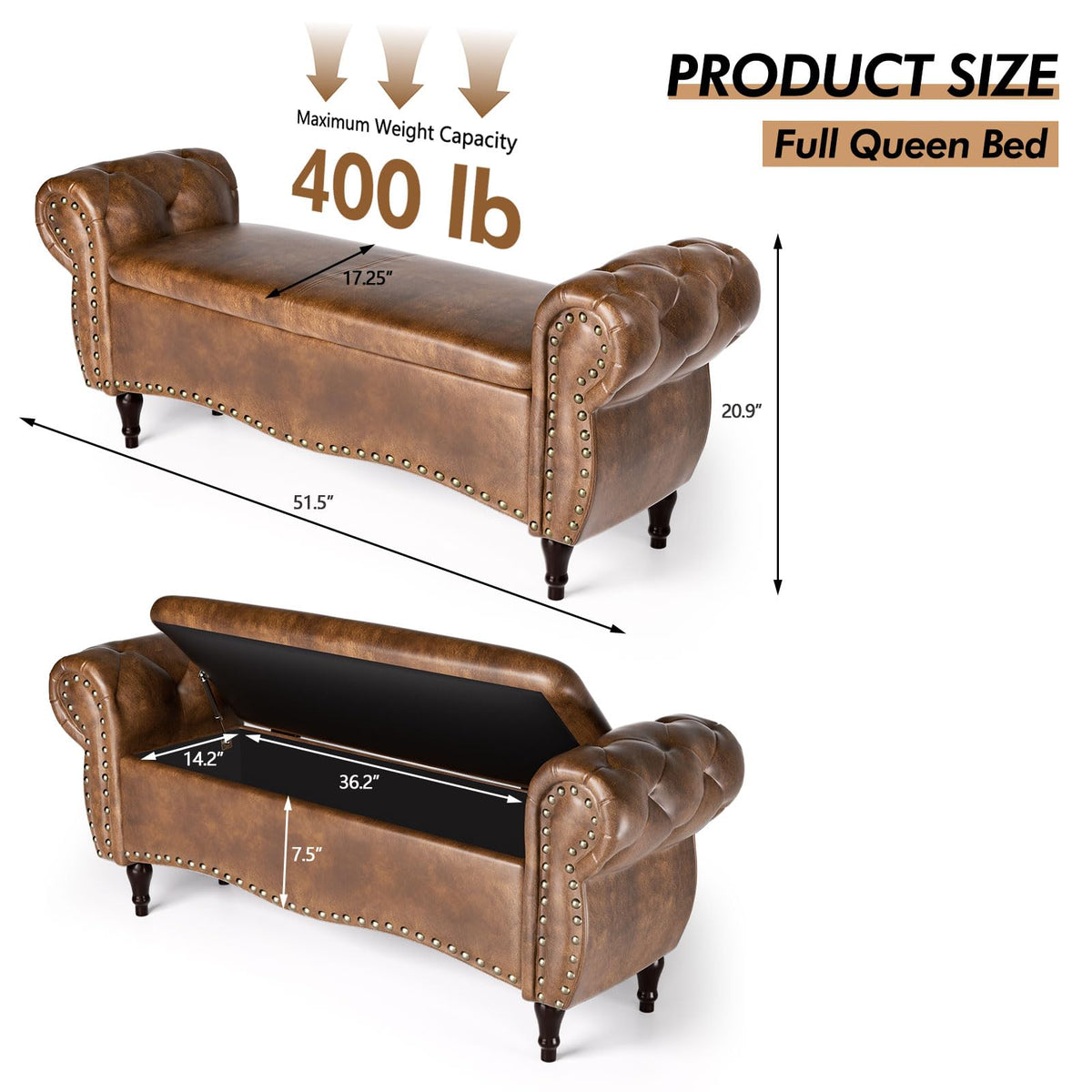 ZZW Storage Ottoman Bench, 51" Length Upholstered End of Bed Storage Bench for Bedroom with Safety Hinge, Tufted Bed Benches with Rolled Arm and Nailhead Trim for Living Room, Entryway Brown