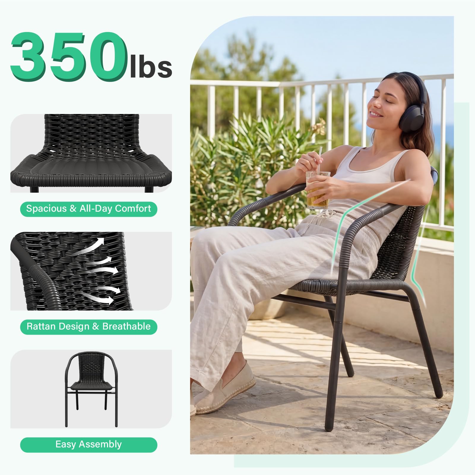 JEAREY Outdoor Patio Rattan Dining Chairs Set of 4, All Weather Stackable Dining Chairs for Garden, Lawn, Restaurant, Black