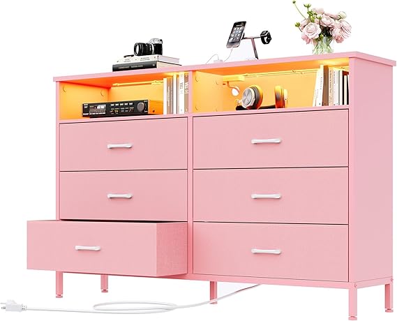 6-Drawer Fabric Dresser with LED Light & Charging Station