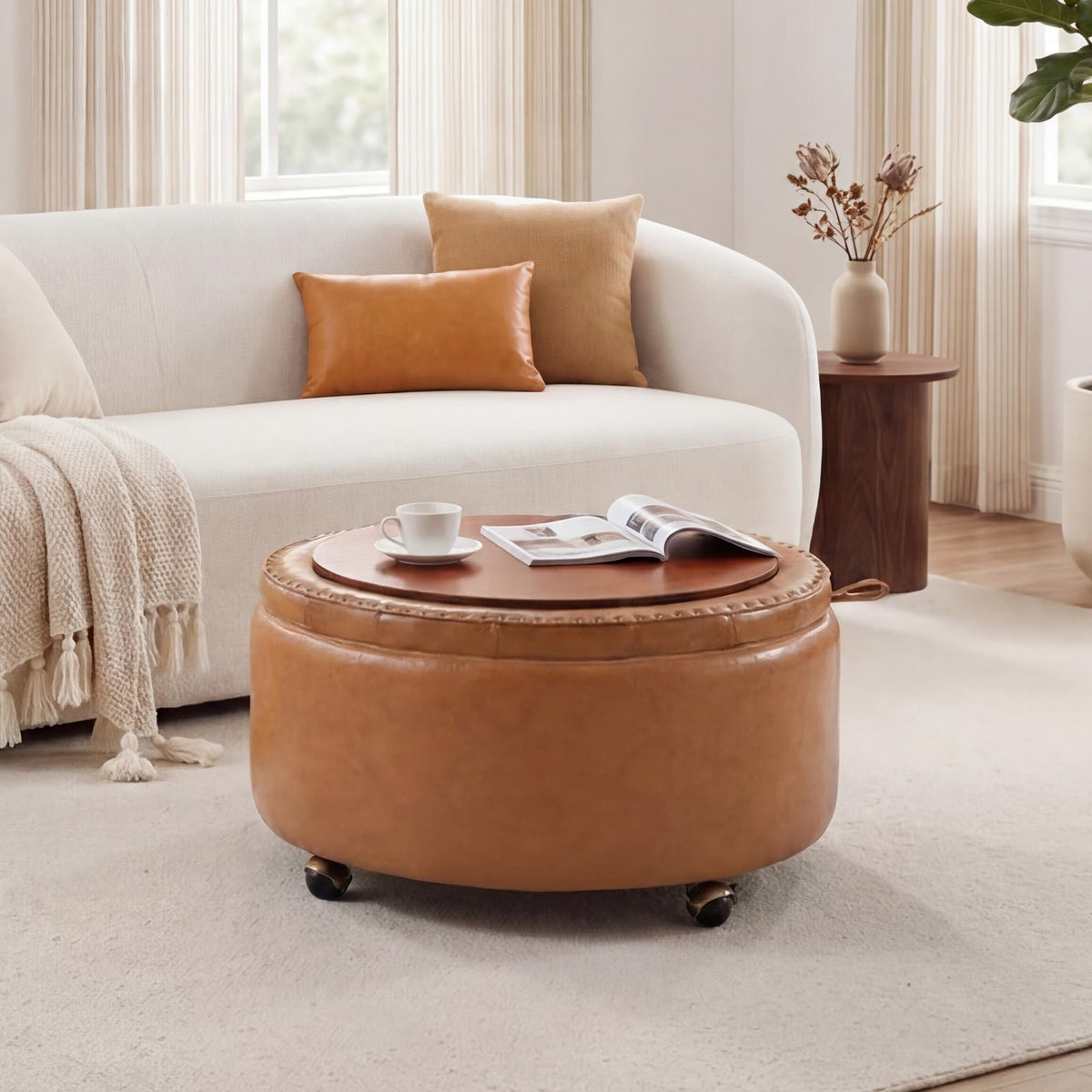 SUNBURY 29" Round Storage Ottoman, Reversible Tray, Cognac