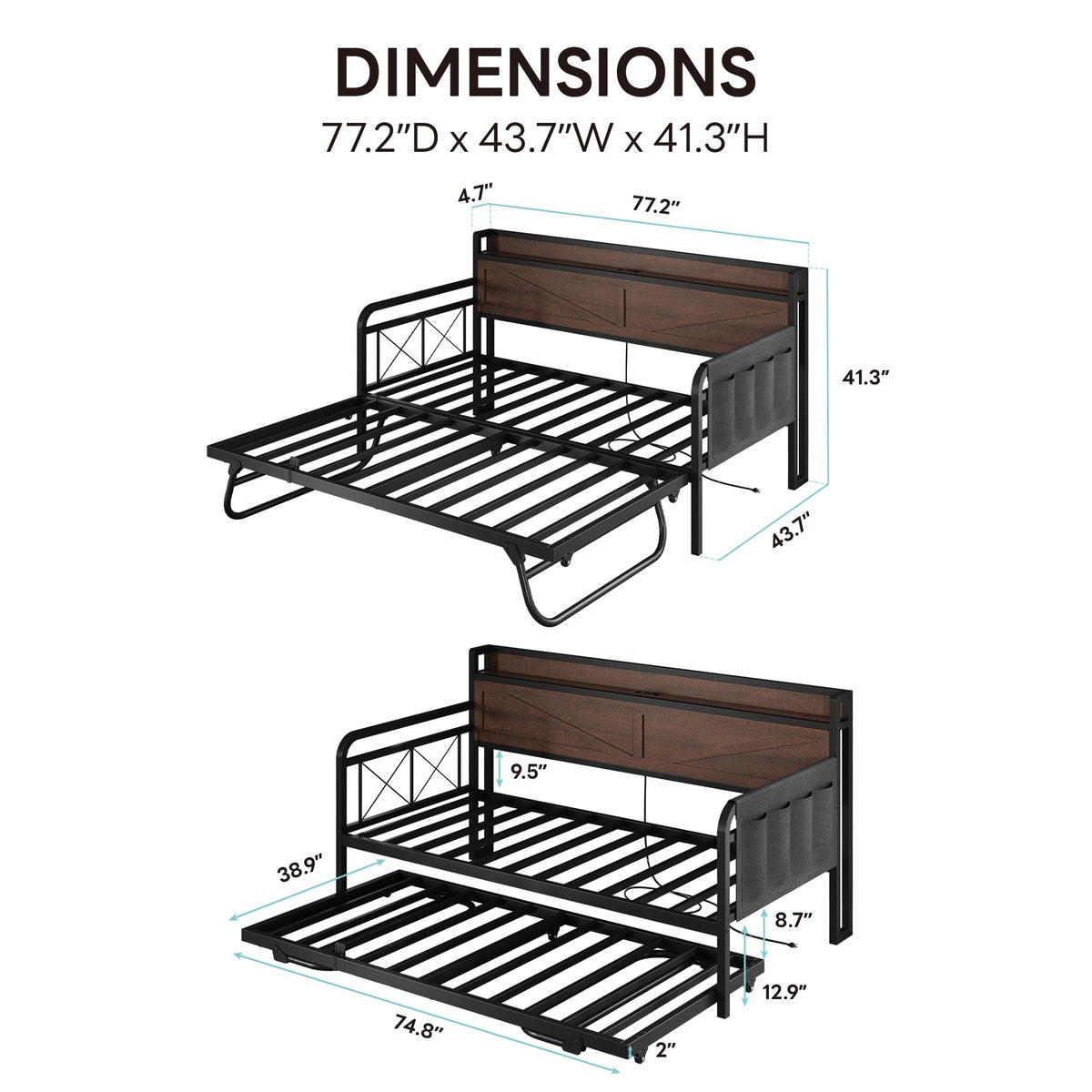 LIKIMIO Twin Daybed with Pop Up Trundle & Charging Station & Storage Shelf