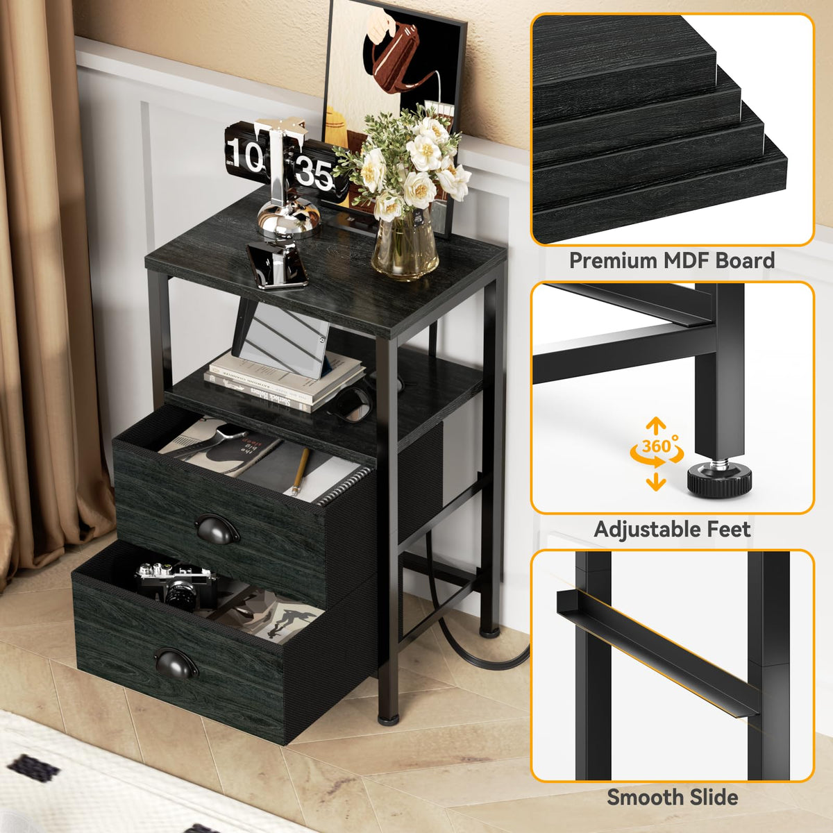 Furologee Nightstand Set of 2 with LED Lights, Charging Station, Black Oak