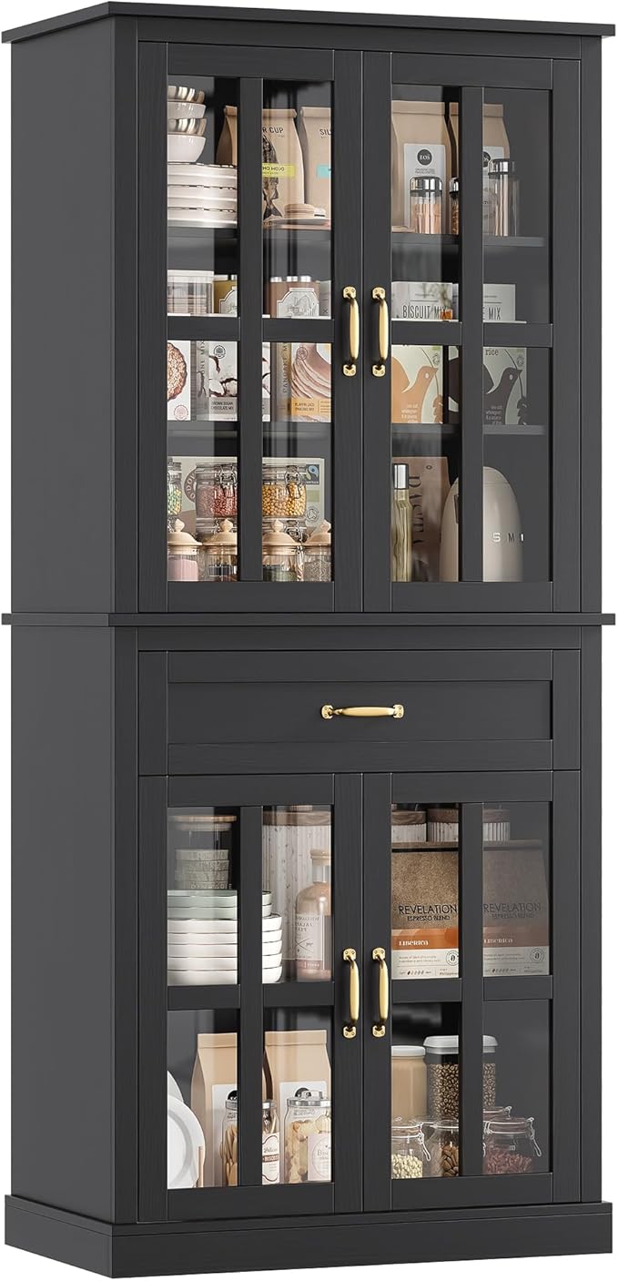 Tall Kitchen Pantry Cabinet with Glass Doors & Drawer