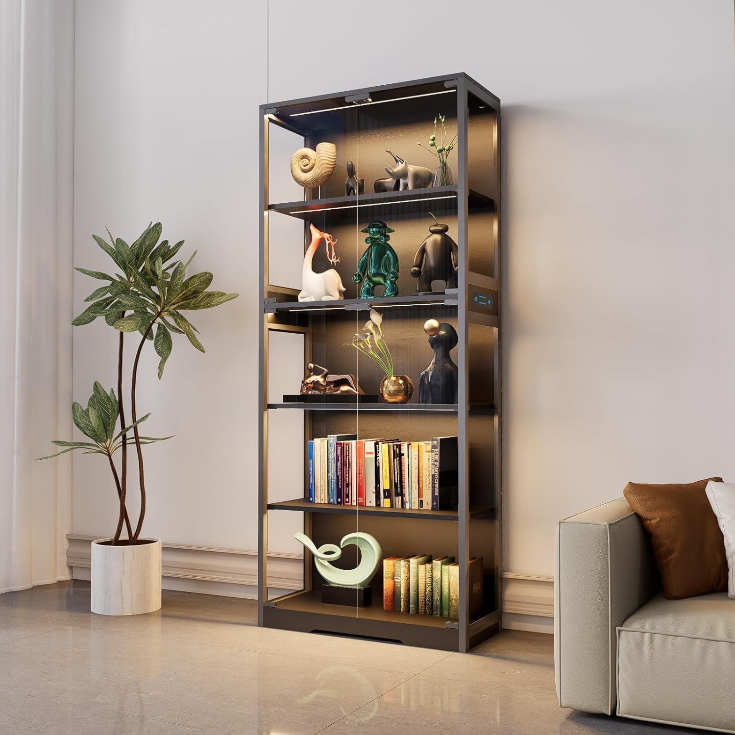 5-Tier Glass Display Cabinet with LED Lighting & Motion Sensor