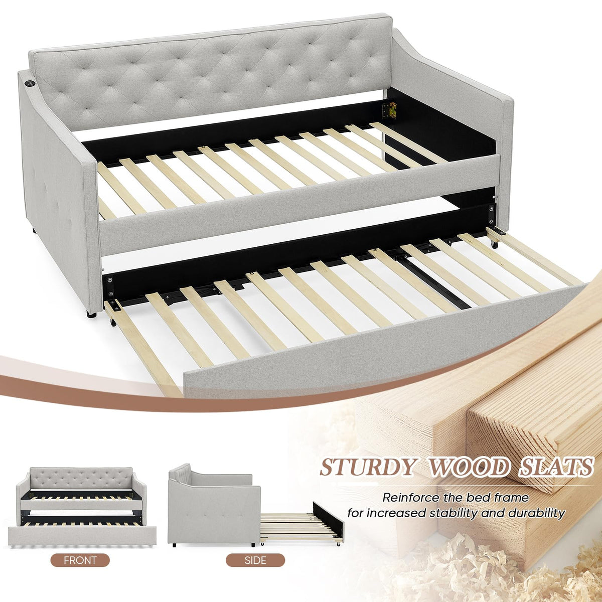 Antetek Daybed with Pop up Trundle, Fabric Upholstered Twin Size Day Bed Pull-Point Sofa Daybed Frame w/Twin Roll-Out Trundle/USB Port, Furniture for Bedroom, Living Room, Guest Room, Beige