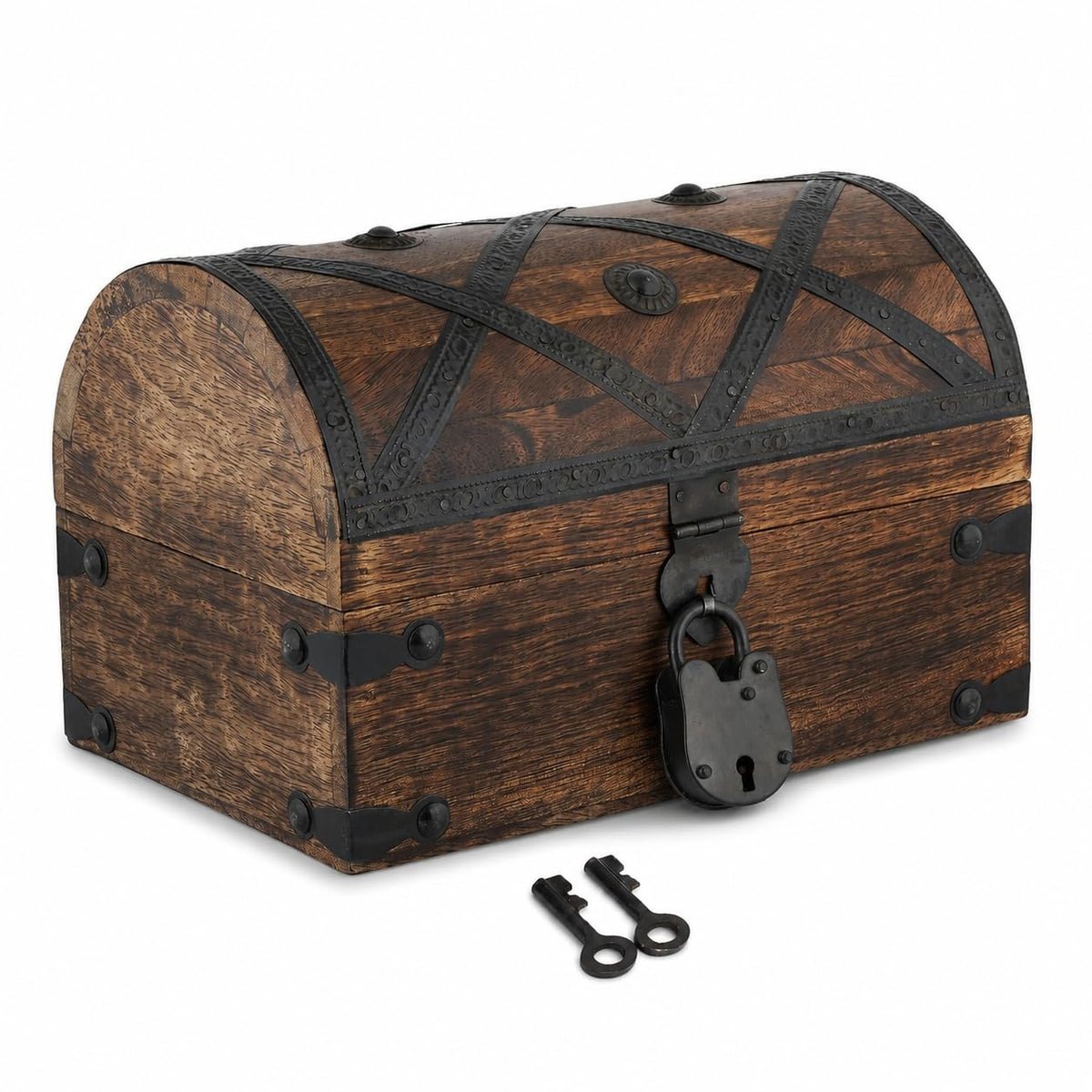 Ajuny Wooden Treasure Chest Pirate Keepsake Jewelry Box - 9x6x6 Inch