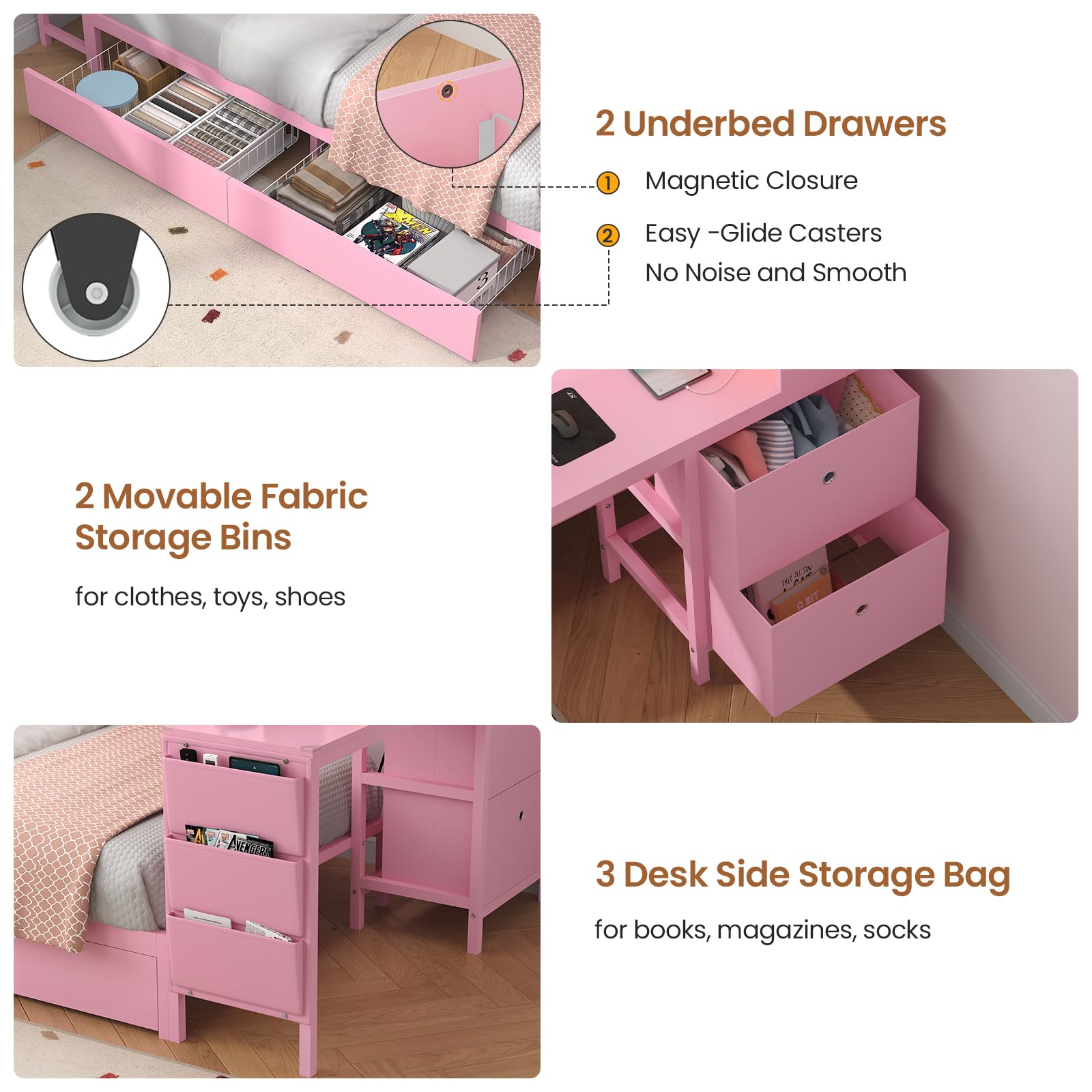 Hasuit Twin Corner Bed with Desk and Storage Bookcase, Daybed with 2 Drawers & 2 Storage Bins, Twin Size Platform Bed Frame with Charging Station and LED Light, Modern Teenagers Bedframe, Pink