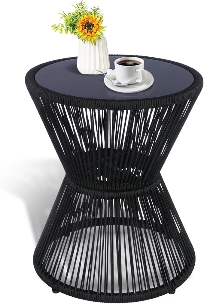 Woven Rope Outdoor Side Table with Glass Top