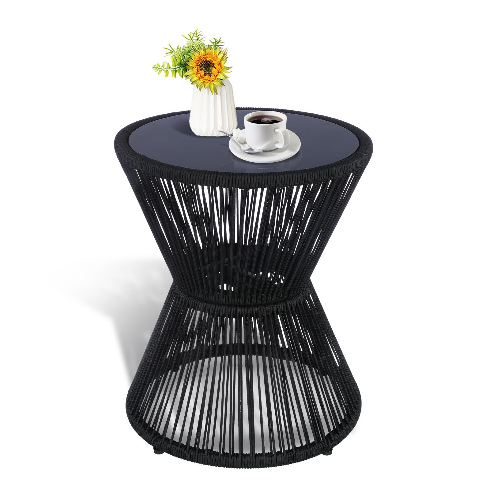 Woven Rope Outdoor Side Table with Glass Top