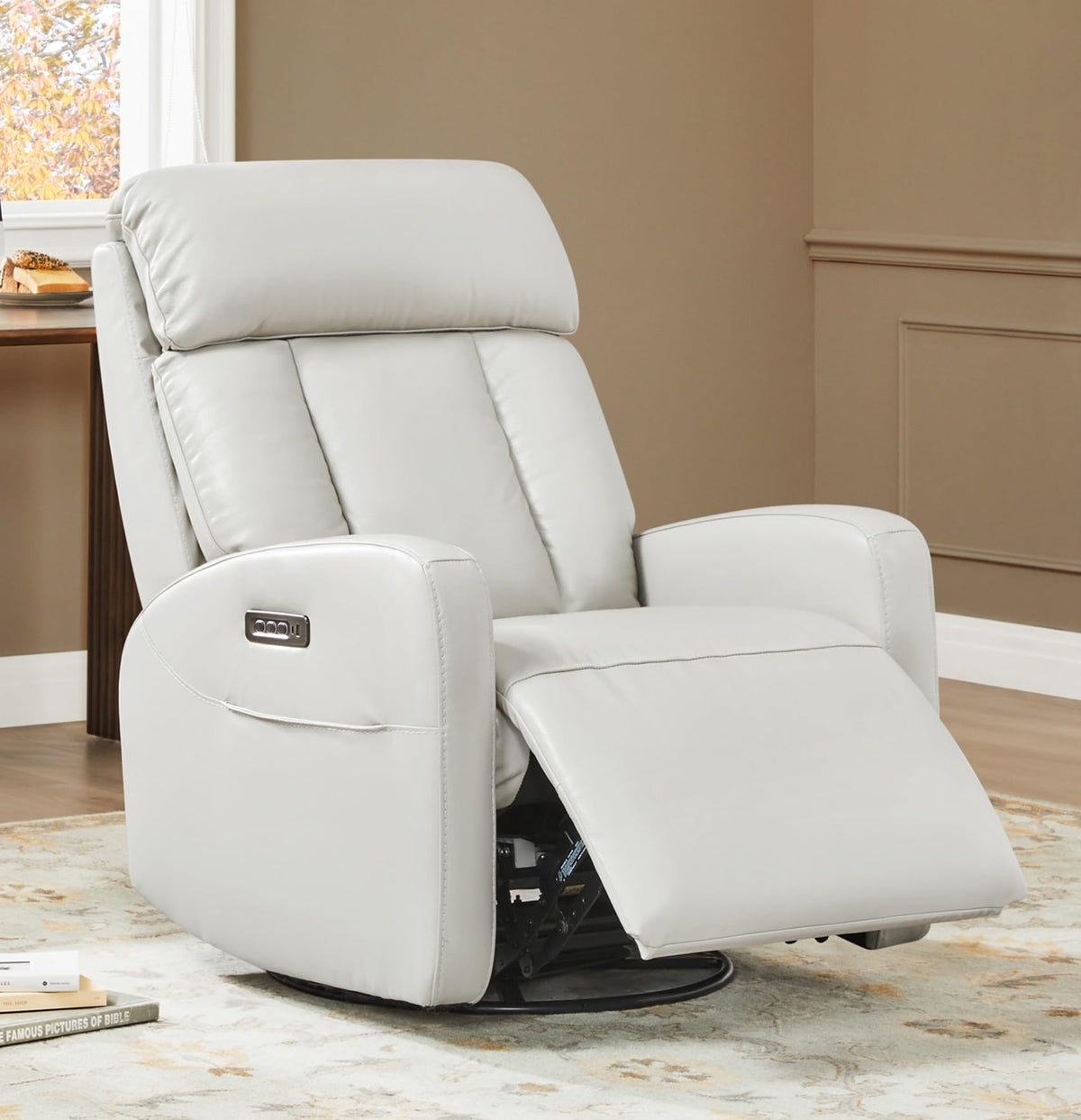 CHITA Genuine Leather Power Recliner Chair, Swivel Rocker, Creamy Grey