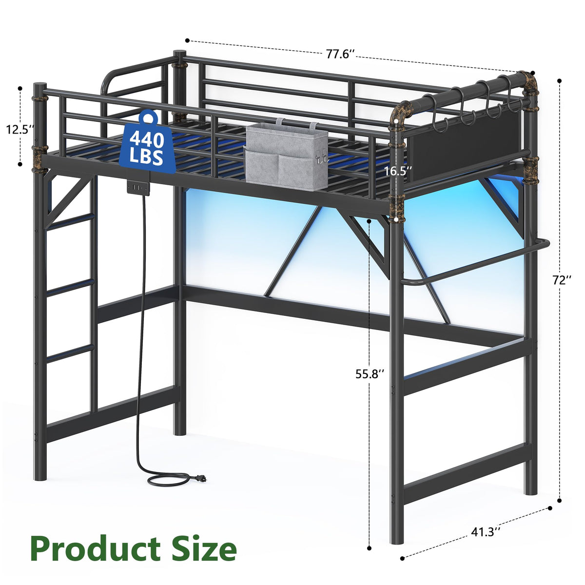 Twin Metal Loft Bed with LED Lights & Charging