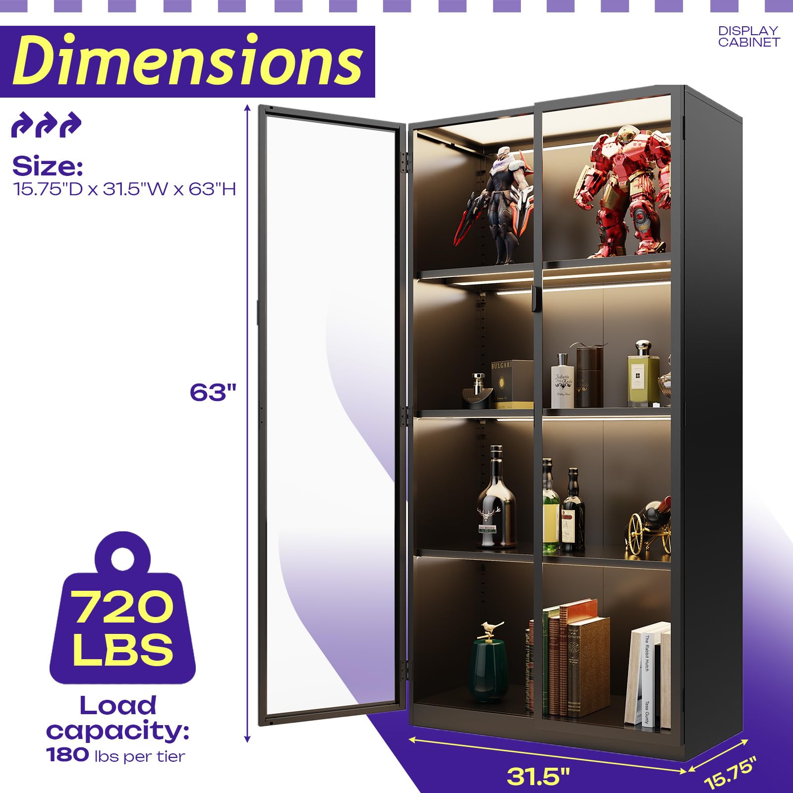 Rumetol Display Cabinet with Glass Doors, 4-Tier Curio Cabinet with 3 Color Lights,Glass Display Case for Collectibles with Adjustable Shelves-Toys,Books,Figures,Exhibit(63" Black)