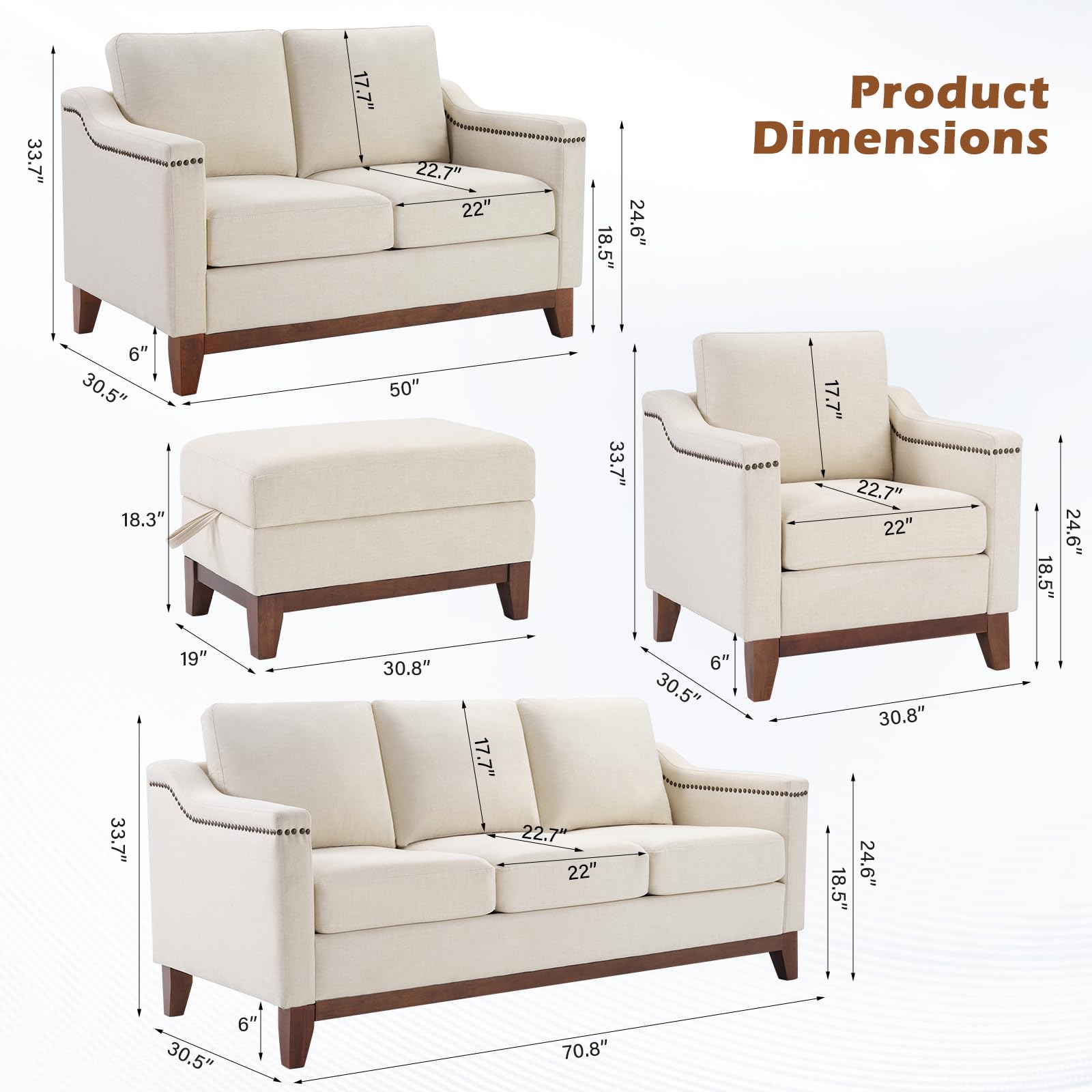 4-Piece Living Room Sofa Set with Storage Ottoman