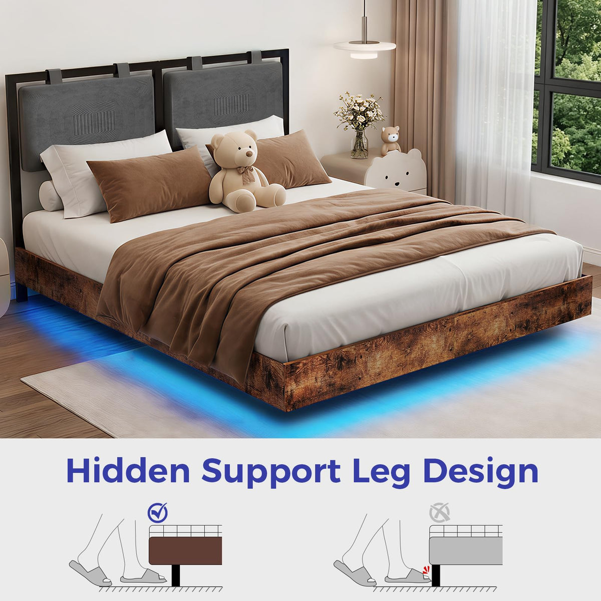 LUCKLIFE Floating Bed Frame Queen Size with Smart LED Lights, Adjustable Headboard, Upholstered Modern Metal Platform Bed, Easy Assembly, Under-Bed Storage, Queen