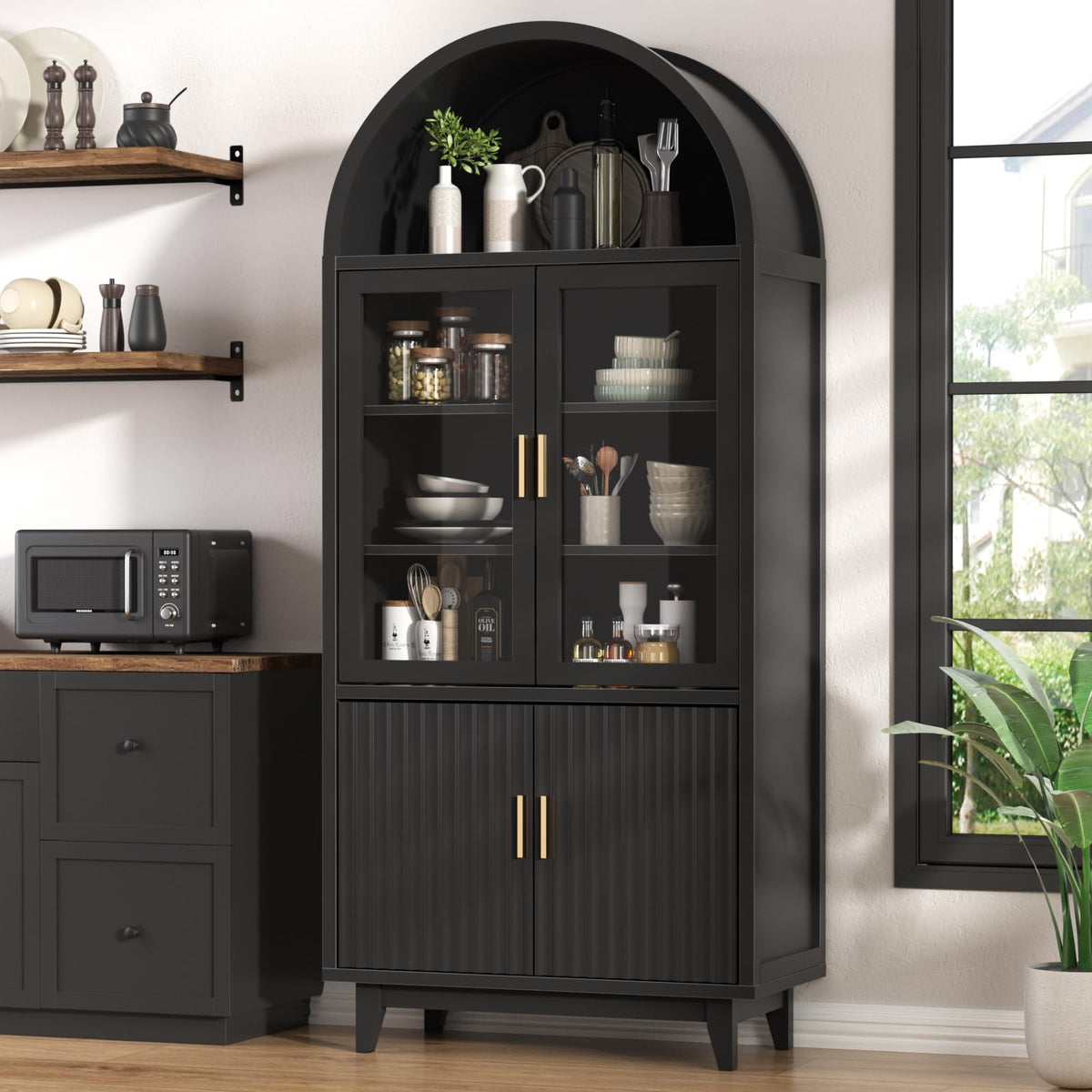 FiveWillowise Kitchen Pantry Cabinet with Glass Doors, Arched Design, Black