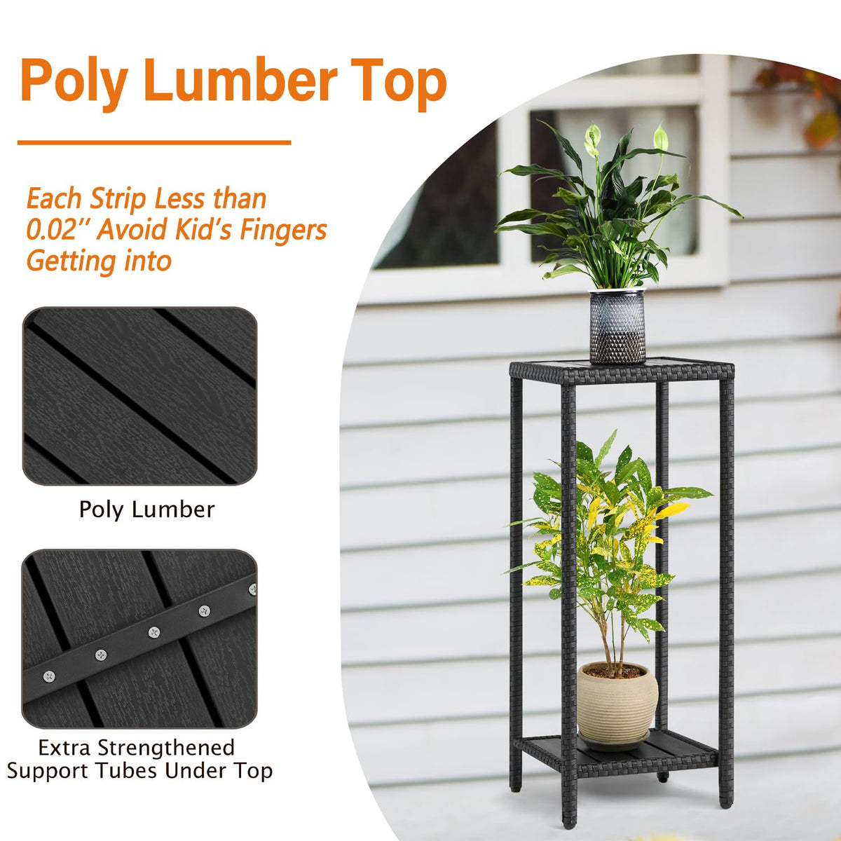Outdoor Plant Stand 2 Tier Shelf for Patio Flower Pot Planter Stand Holder with Wicker Poly Lumber Shelves 31" Tall Corner Plant Display Rack with Adjustable Feet Heavy Duty for Balcony Porch Black