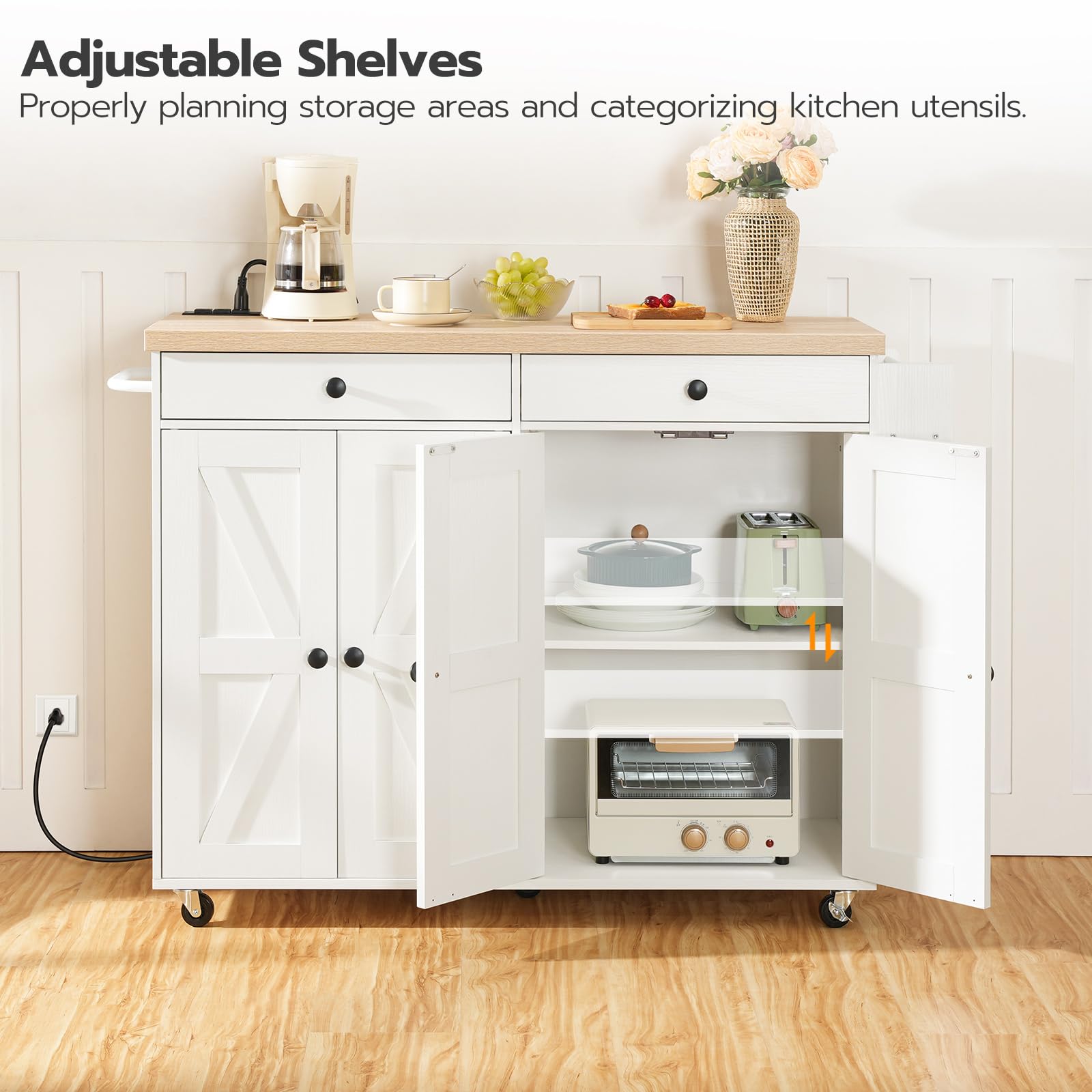 HOOBRO Kitchen Island with Power Outlet, Rolling Kitchen Island with Storage, Kitchen Island Cart with Spice Rack and Hooks, for Dining, Living Room, White and Natural WN11UZD01