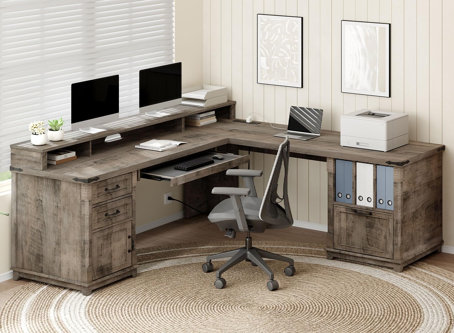 RALGEND Farmhouse 69" Executive L Shaped Desk with Drawer, Home Office Desk with Charging Station, Corner Computer Desk with Monitor Stand, File Drawer, Storage Cabinet, Greige